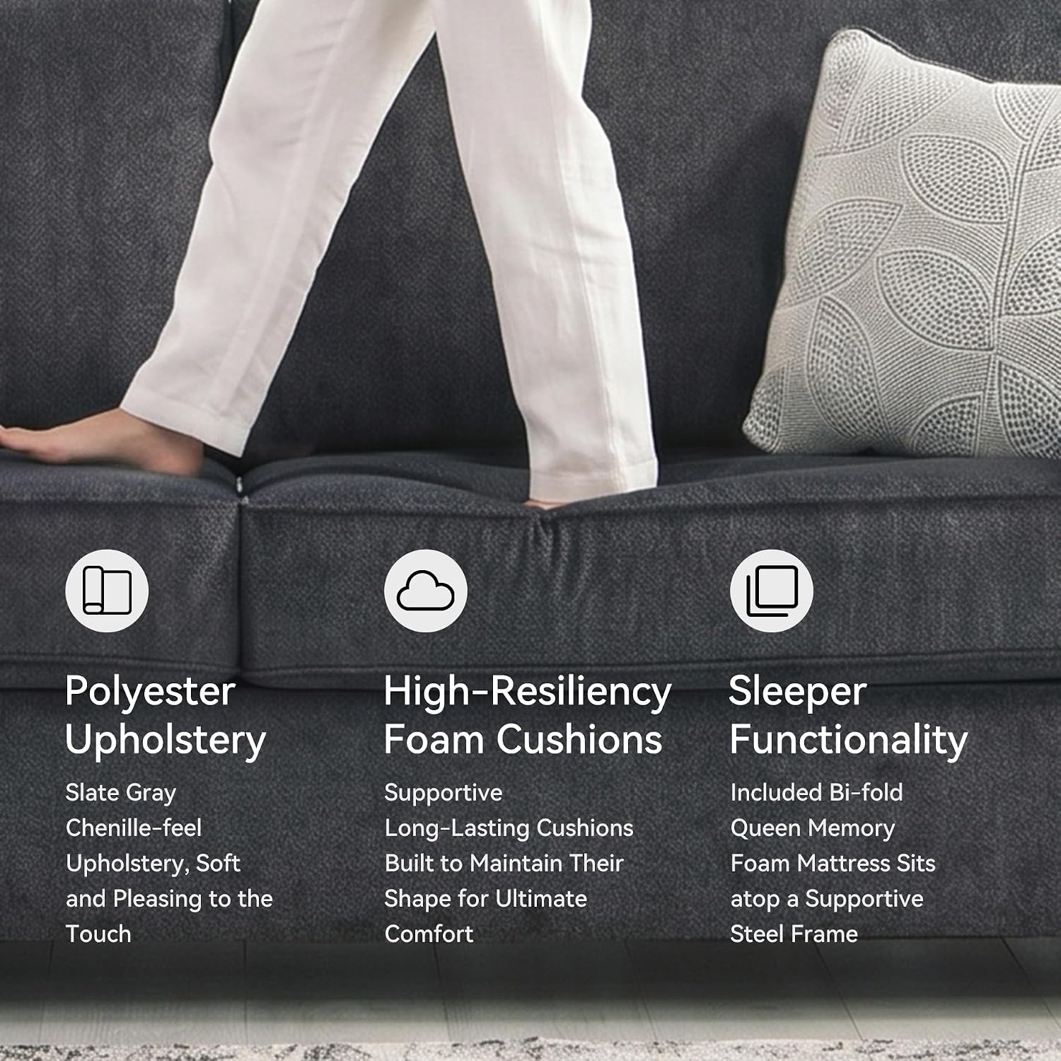 Signature Design by Ashley Altari Modern Queen Sofa Sleeper with 2 Accent Pillows, Dark Gray