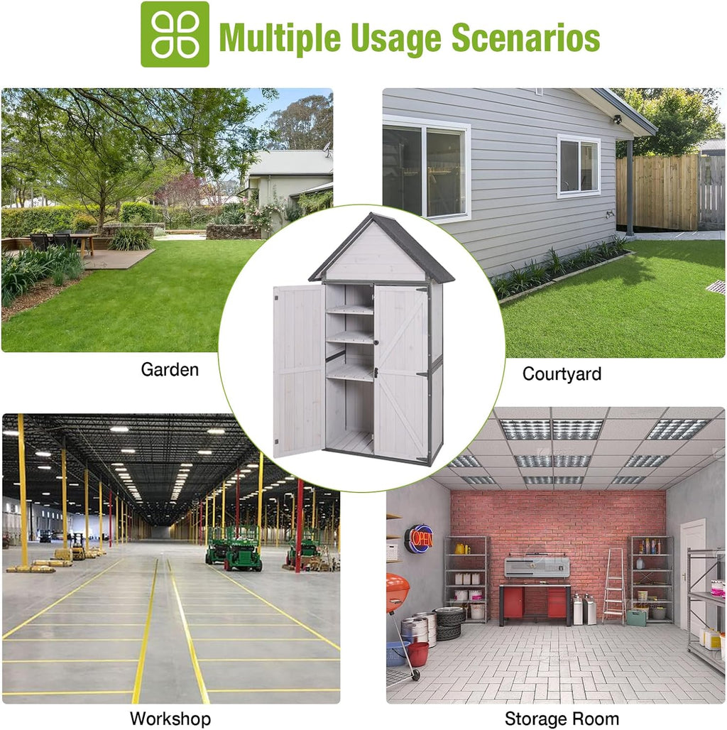 GUTINNEEN Outdoor Storage Shed with All Around Strong Metal Frame, Garden Tool Sheds Cabinet with Floor & Adjustable Shelves, Wooden Tool House for Backyard Garden Patio Lawn (White)