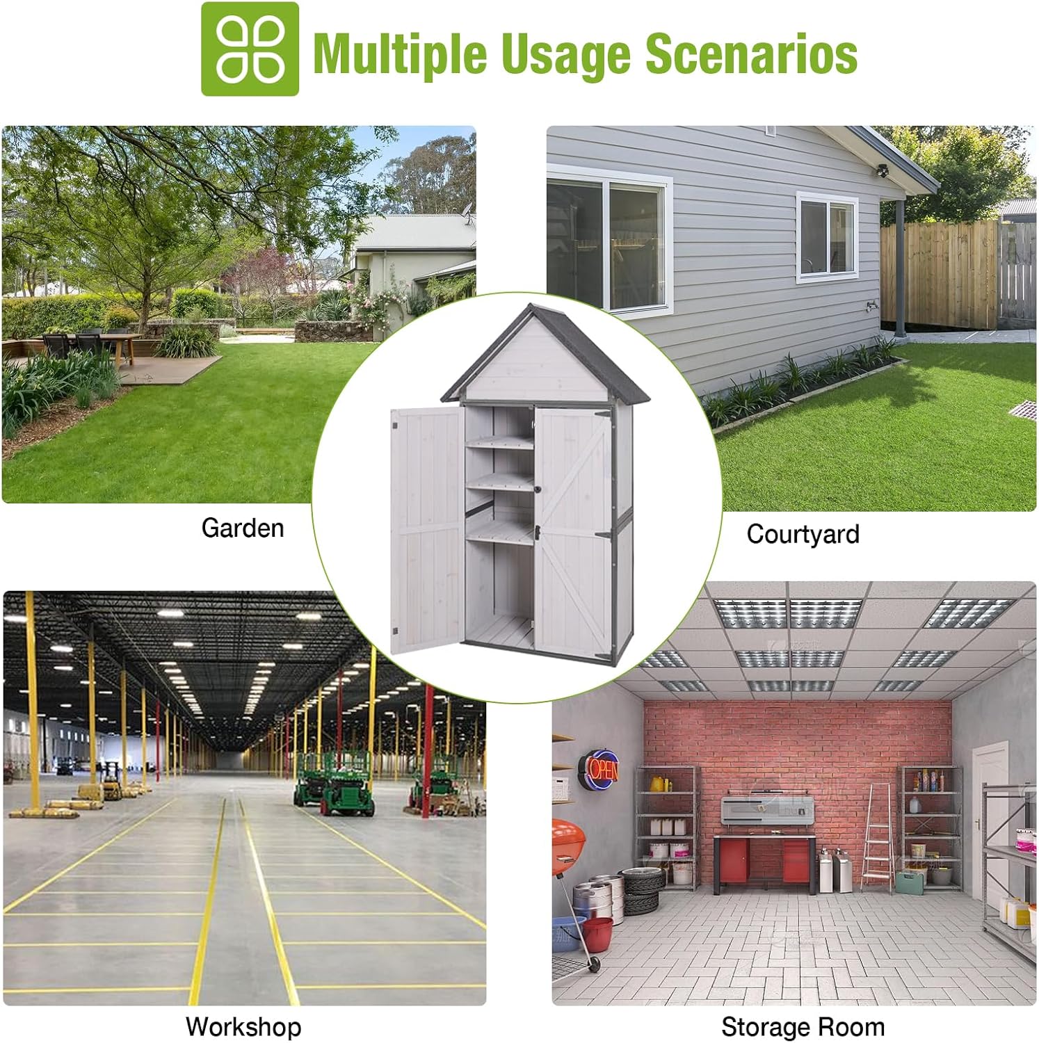 GUTINNEEN Outdoor Storage Shed with All Around Strong Metal Frame, Garden Tool Sheds Cabinet with Floor & Adjustable Shelves, Wooden Tool House for Backyard Garden Patio Lawn (White)
