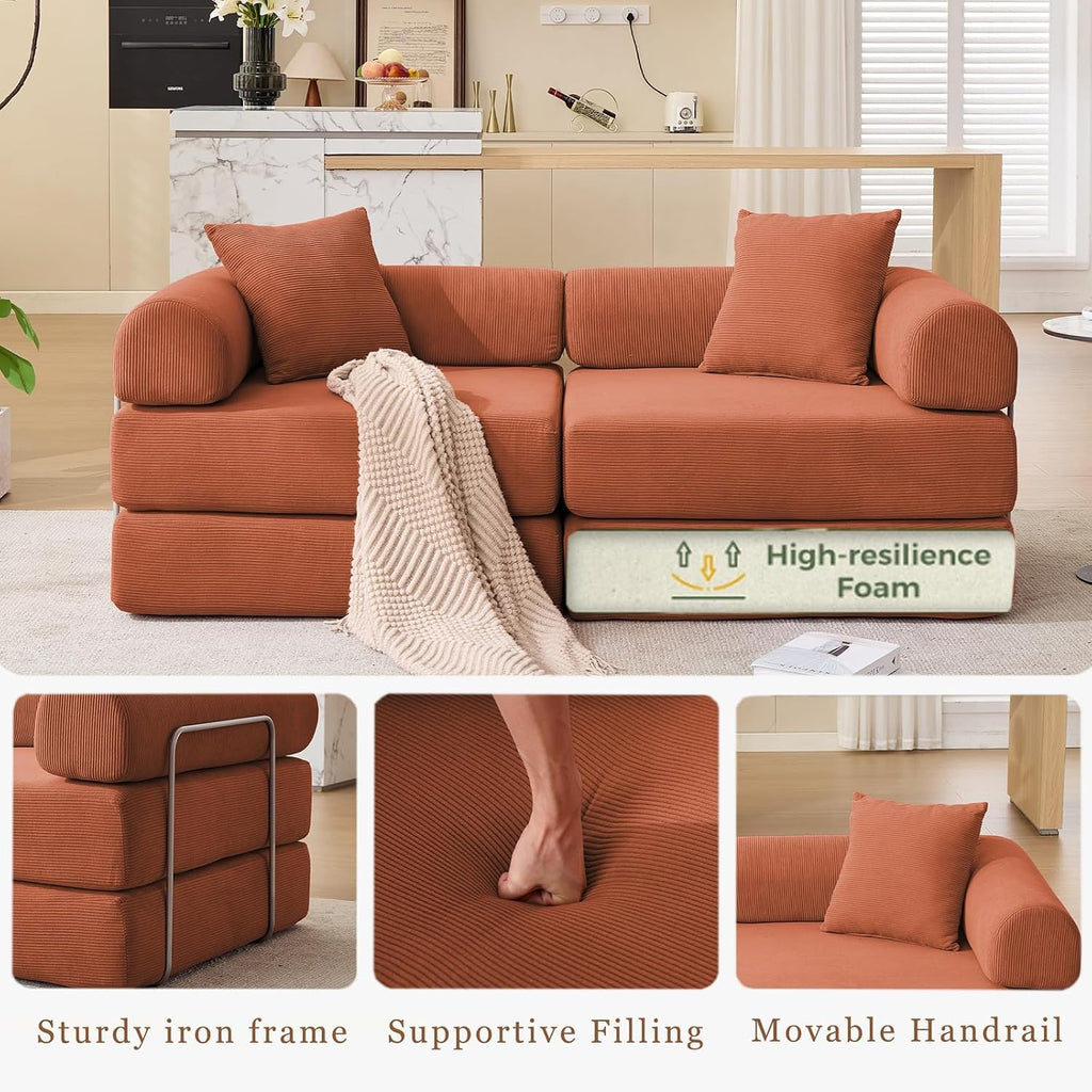 73' Convertible Modular Folding Sofa Bed, 5-in-1 DIY Combination Fold Out Sleeper Sofa Bed, Loveseat sleeper Couch with Removable Armrests, Corduroy Floor Couch, Small couches for small spaces, Orange