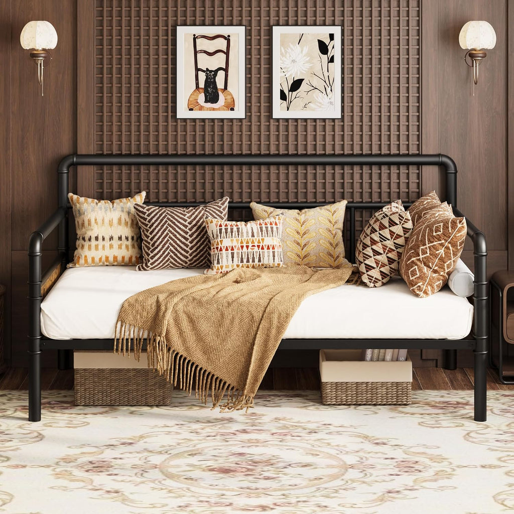 IDEALHOUSE Twin Daybed with Classic Headboard,Metal Twin Bed Frame Heavy Duty Steel Slats Support,Sofa BedFrame for Living Room, Guest RoomNoise Free, No Box Spring Needed, Black