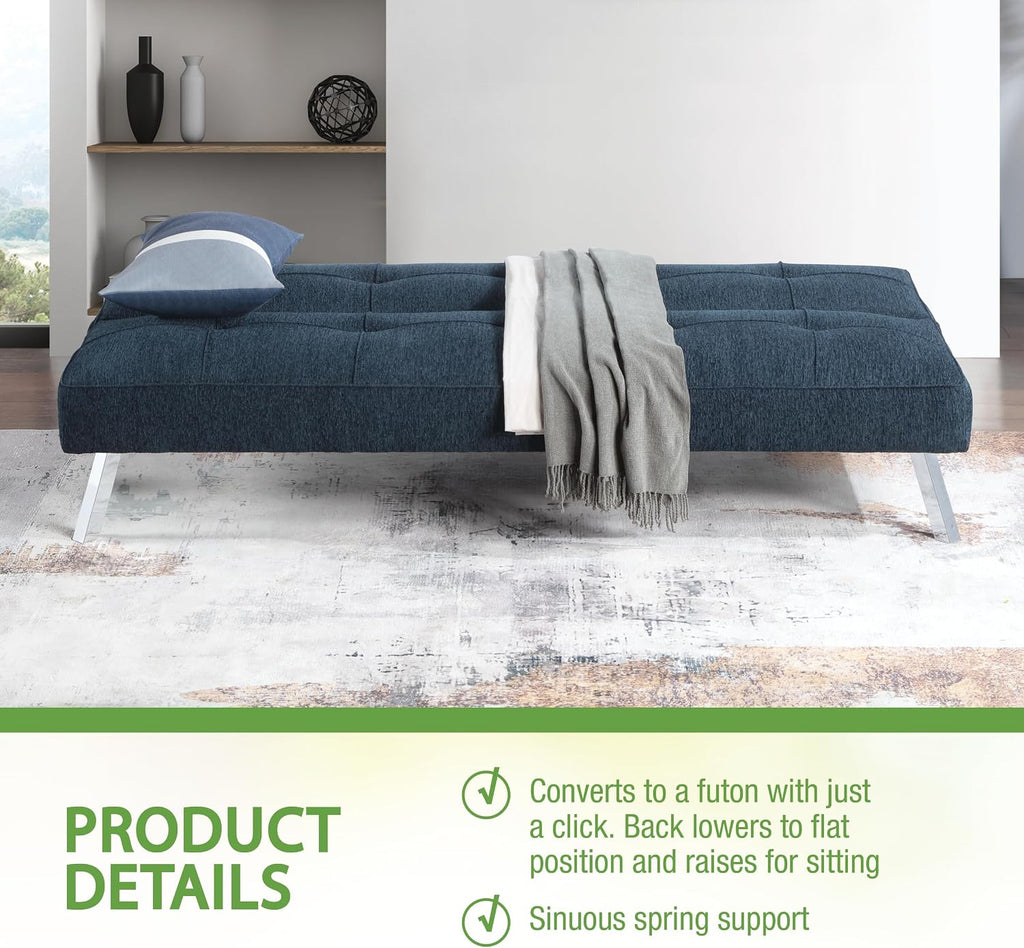 OSP Home Furnishings Kenneth Modern Button Tufted Convertible Click-Clack Futon Sofa Bed, Indigo Blue Fabric with Chrome Legs