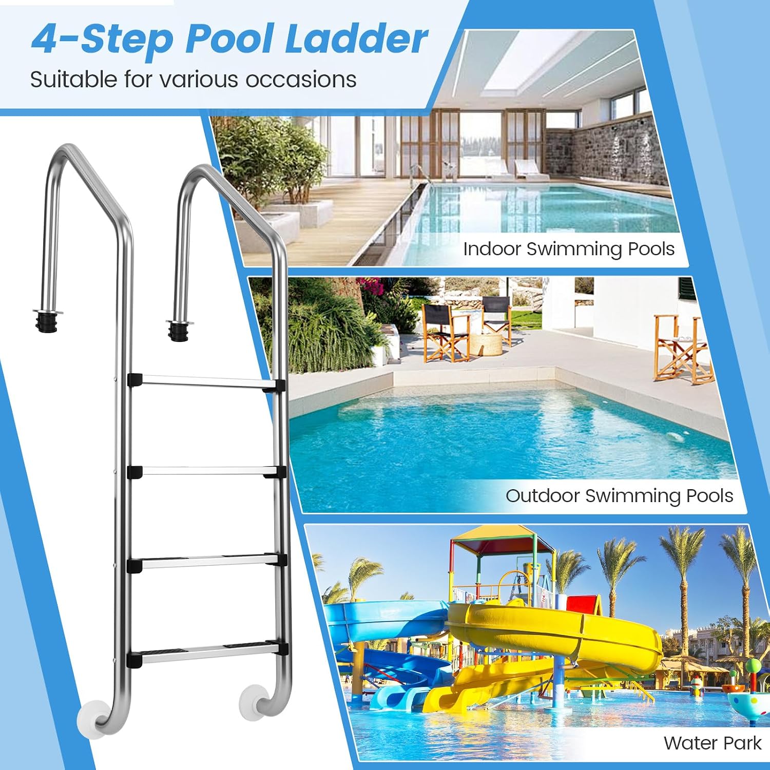Goplus Swimming Pool Ladder, 3-Step/4-Step In-Ground Stainless Steel Step for Indoor/Outdoor Pool, Heavy Duty Non-Slip Ladder, Easy Assembly (4 Steps)