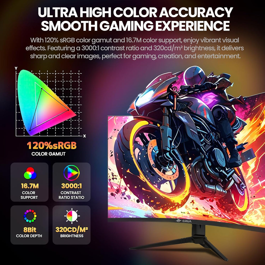 CRUA 27'' Curved Gaming Monitor 260Hz/240Hz, QHD 1440P 1800R VA Panel Computer Monitor with Built-in Speakers, Support AMD FreeSync, 120% sRGB, Blue Light Filter, HDMI2.0 & DP1.4, Wall Mountable-Black