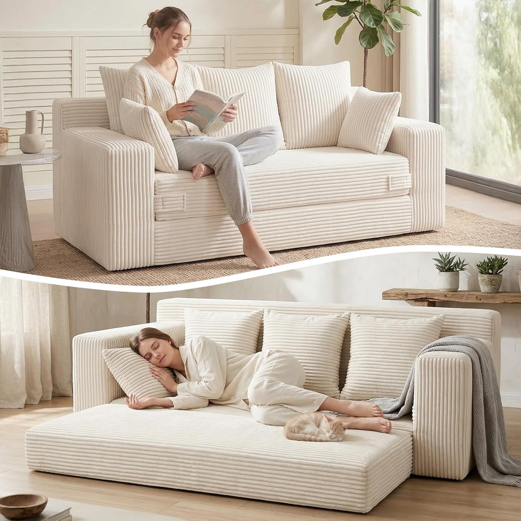 Oversize Loveseat Boneless Convertible Sofa Bed, Folding Floor Futon Sleeper Sofa Queen Size Couch Bed- Boneless Foldable Couch, Corduroy Pull Out Sofa Bed with 5 Pillows for Living Room & Bedroom
