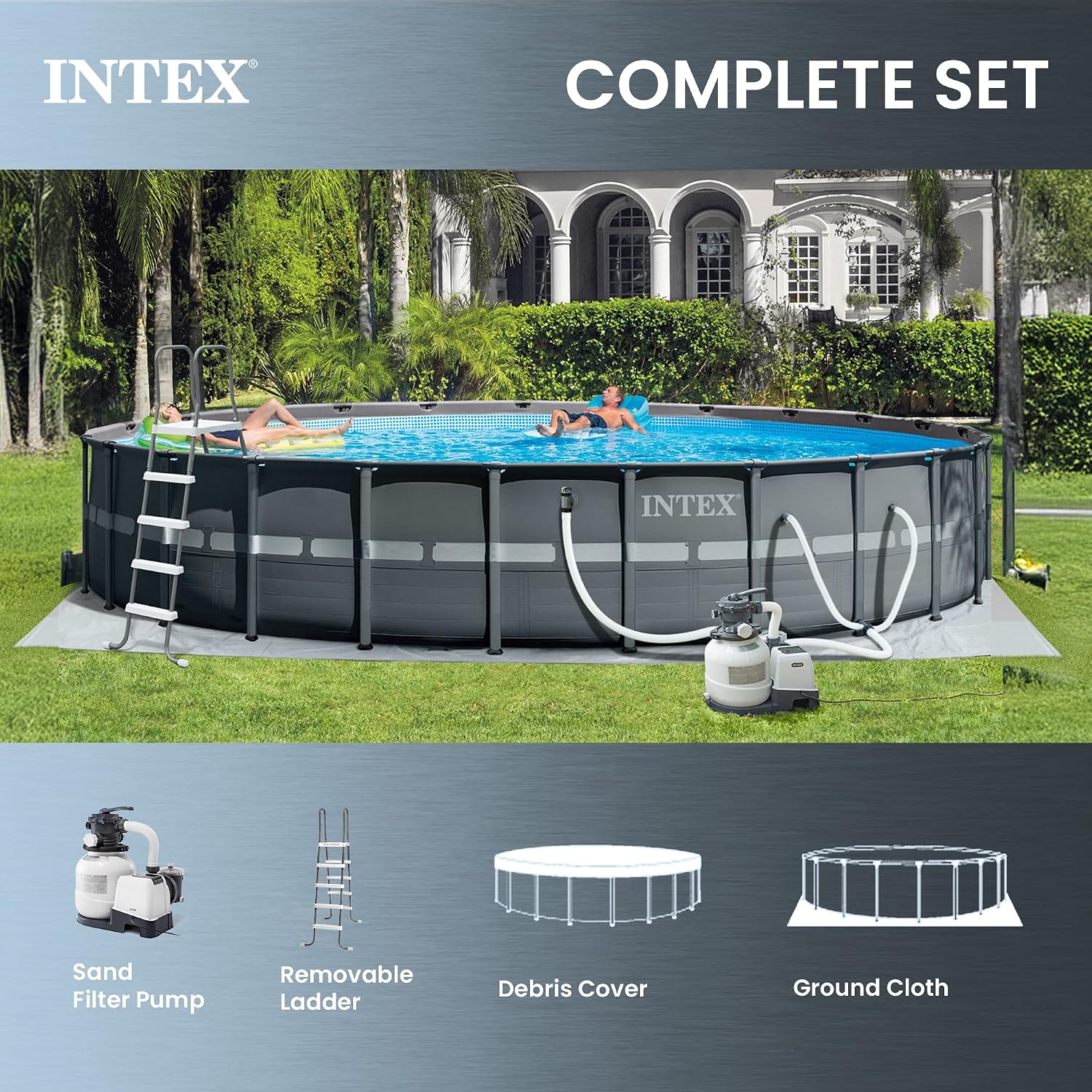 INTEX 26339EH Ultra XTR 24ft x 52in Above Ground Swimming Pool Set with Sand Filter Pump, Inflatable Lounge Pool Recliners (2-Pack) and Inflatable Beverage Cooler