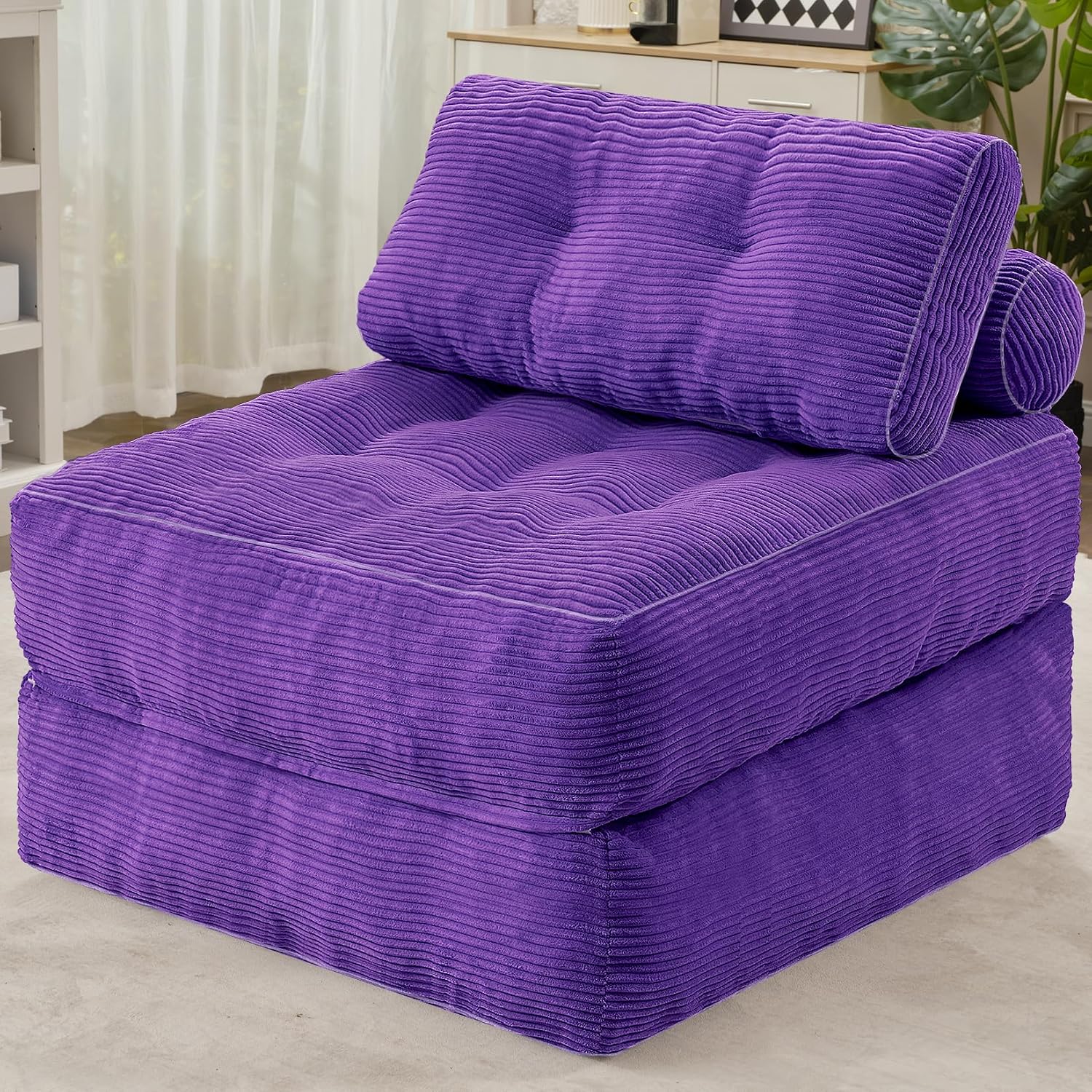 HABUTWAY Folding Sofa Bed, Convertible Sleeper Chair Bed w/Dual-Pillow & Handle, Foldable Floor Sofa Lounge w/Back Support for Living Room, Bedroom, Apartment, Office, Single, Purple