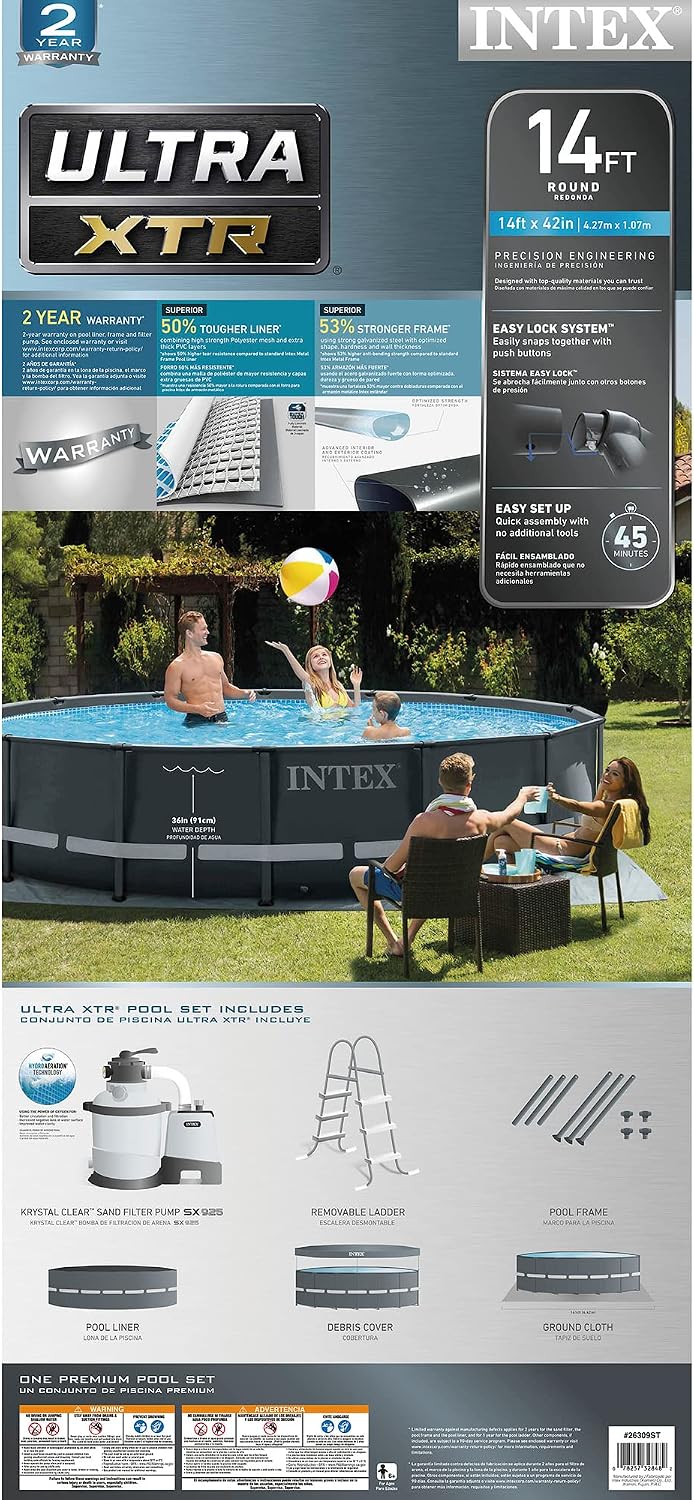 Intex Ultra XTR Frame 14' x 42' Round Above Ground Outdoor Swimming Pool Set with Sand Filter Pump, Ladder, Ground Cloth, and Pool Cover