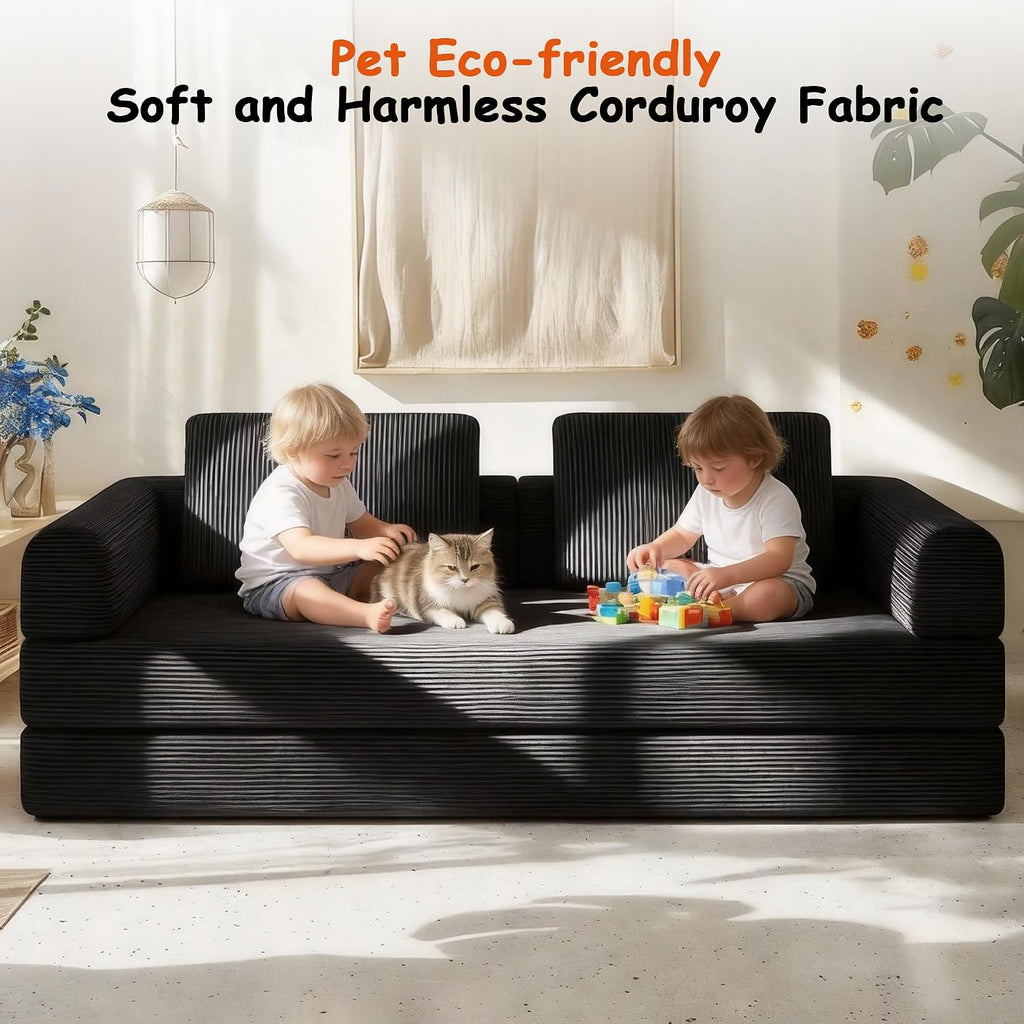 78' Convertible Sofa Bed, 5-in-1 Boneless Sleeper Sofa with with Fixed Frame & Pocket, Corduroy Pull Out Couch with 2 Pillows, Couch Bed for Living Room, Small Spaces, Bedroom, No Assembly