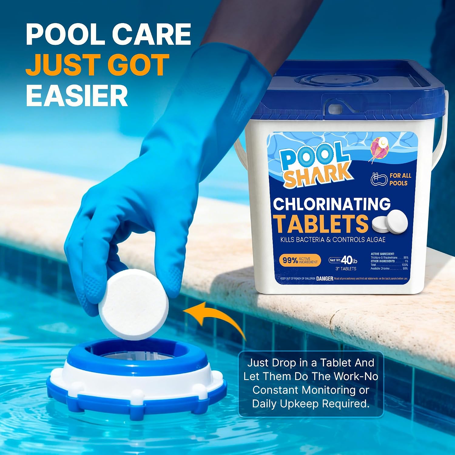 Pool Shark Swimming Pool Chlorine Tablets | 40 lbs | 3-Inch Chlorine Tablets | Slow-Dissolving 90% Active Chlorine Tabs | Pool Chemicals for Inground Pools, Above Ground Pools, Saltwater, Spa, Hot Tub