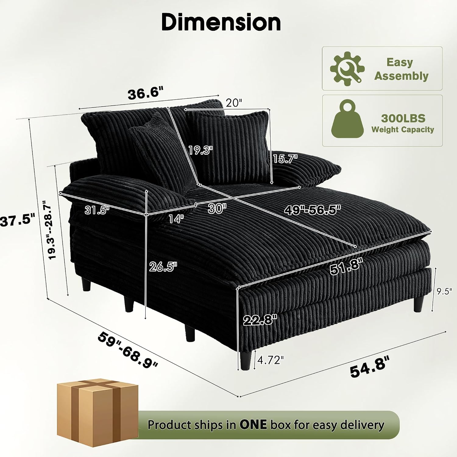 WESTSETLUX 54.8' W Oversized Chaise Lounge Chair Indoor with 5-Position Adjustable Backrest, Corduroy Sleeper Sofa Bed with 3 Pillows, Modern Cloud Couch Chair for Living Room, Bedroom, Black