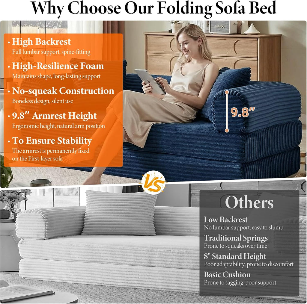 78 Inch Convertible Folding Sleeper Sofa Bed, Fold Out Floor Sofa Couch with Fixed-Shape Frame, Cloud Corduroy Foldable Mattress Couch for Living Room Bedroom (Blue)