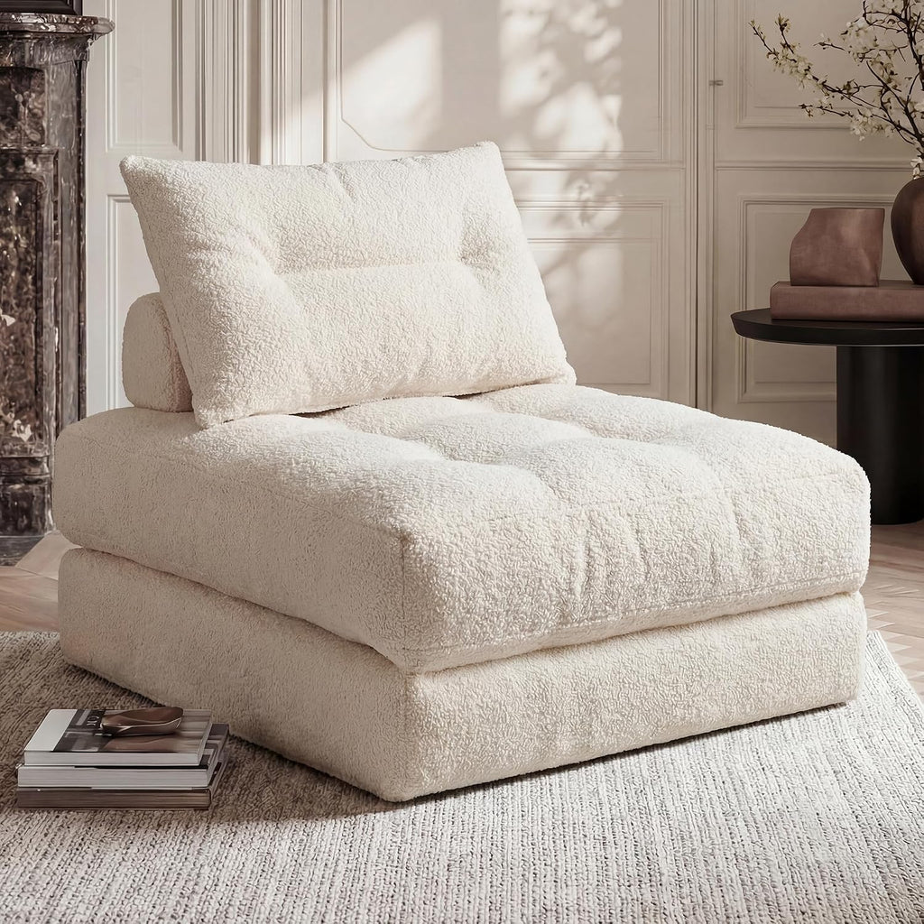 MONVANE Folding Sofa Bed, Fold Out Chair Bed with Pillow, Convertible Sleeper Chair for Living Room/Small Spaces, Foldable Lazy Sofa Bed Floor Chair, Comfy Teddy Velvet Couch Bed, Beige