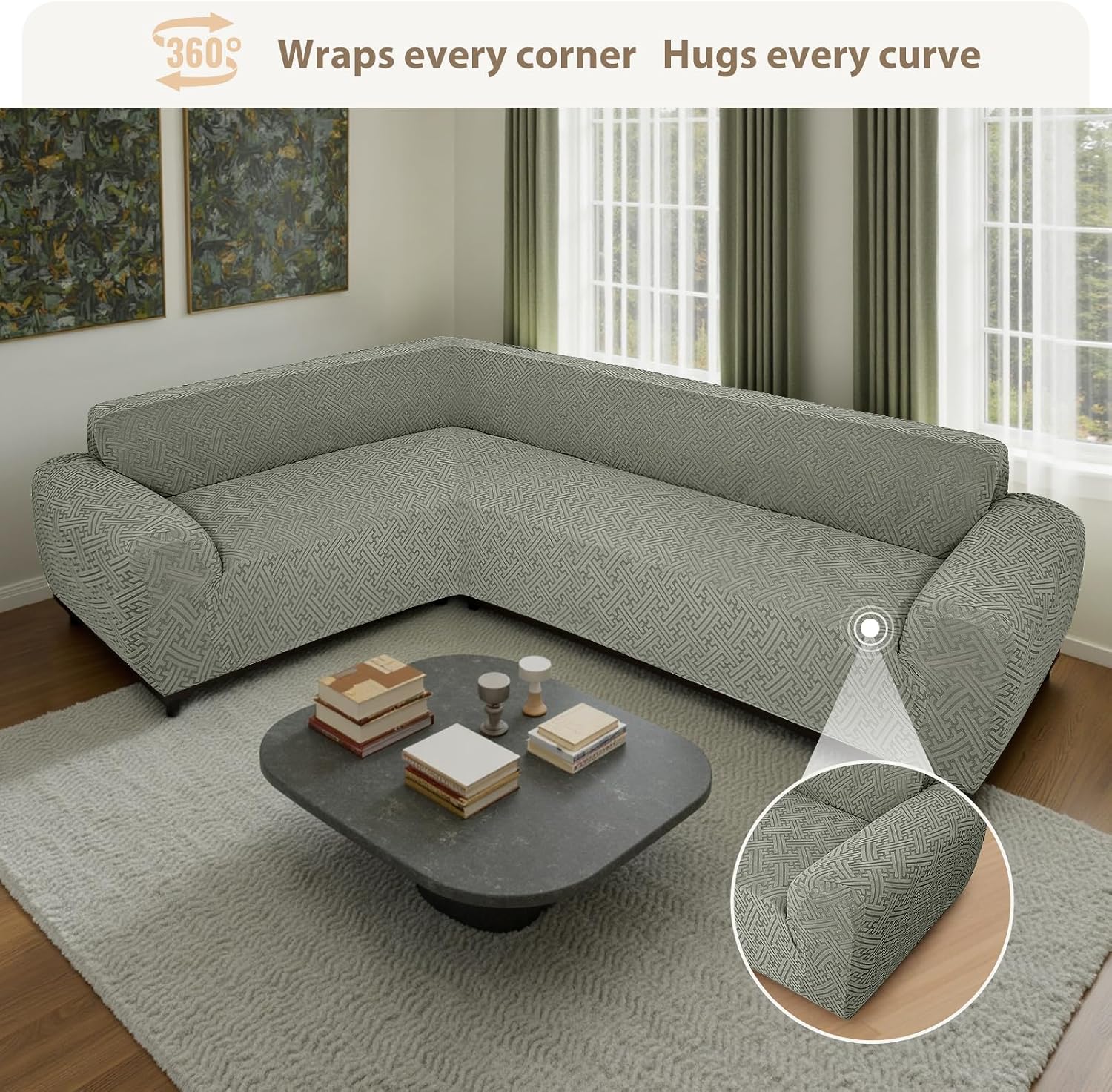Sectional Couch Covers L Shape Sofa Cover 1-Piece Stretch Corner Couch Covers Non Slip Washable Sofa Slipcovers Soft Fleece Furniture Protector for Dogs Pet (Medium, Grayish Green)