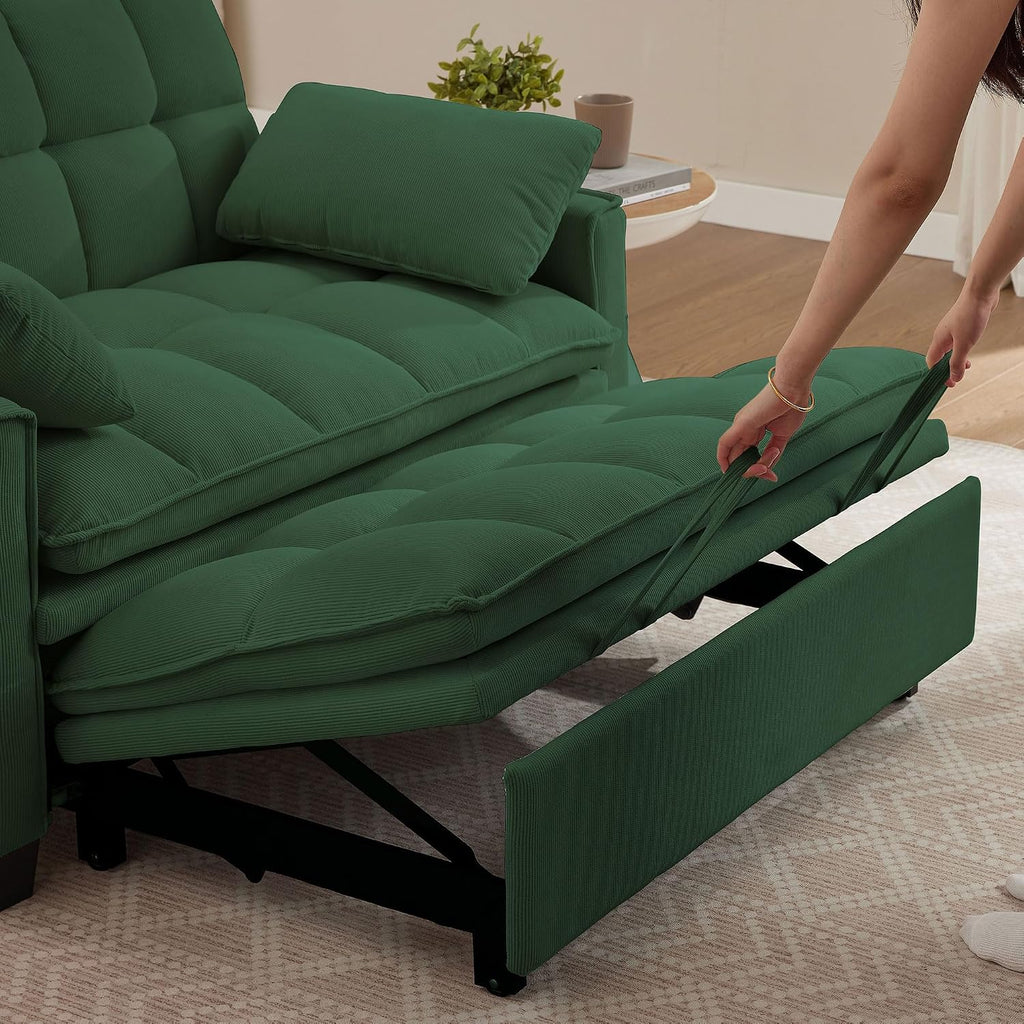 Sleeper Sofa with Pull Out Couch Bed, 48' Convertible Pull-Out Sofa Bed Chair, 3-in-1 Futon Couch with Reclining Backrest and Side Pockets for Living Room Bedroom Apartment, Green