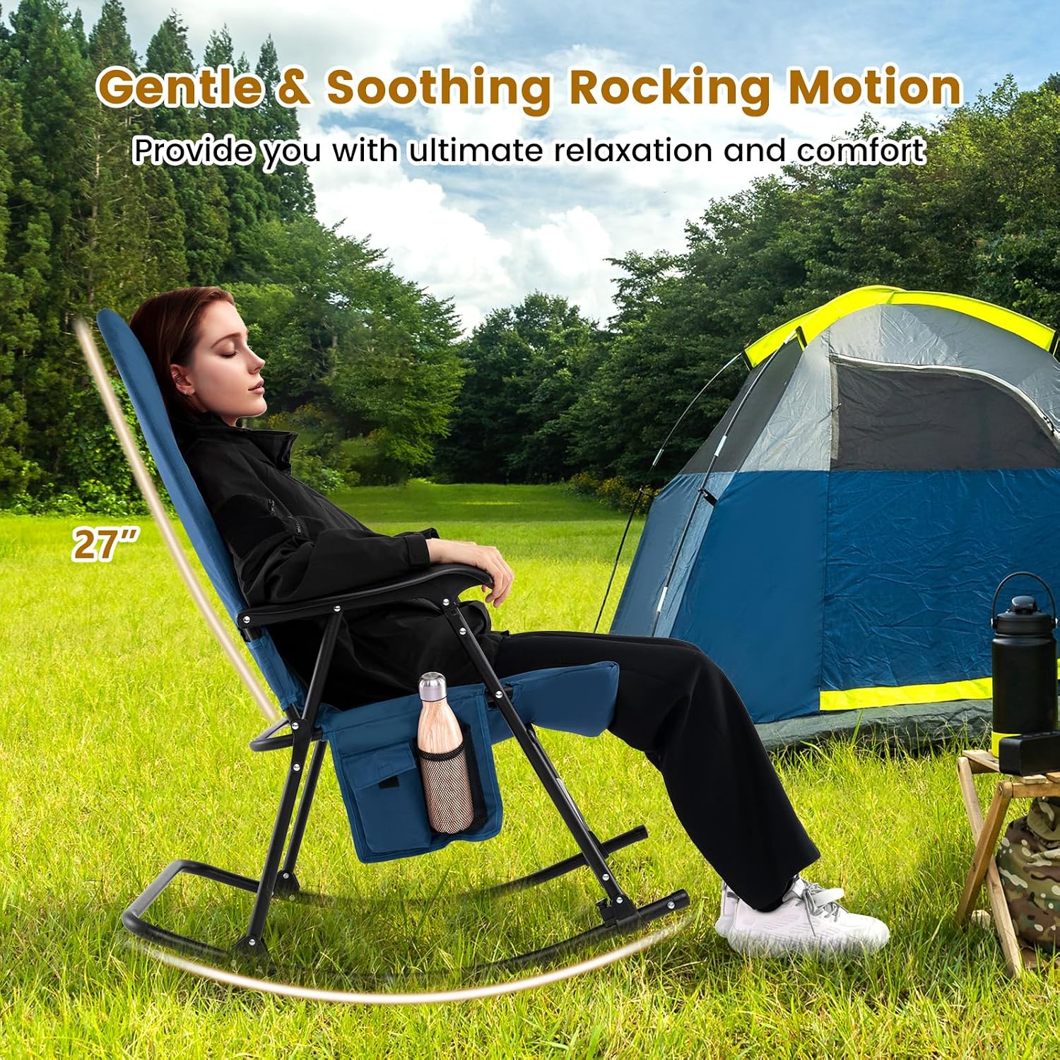 Tangkula Folding Rocking Chair Set, Foldable Camping Rocking Chair with Padded Seat High Back & Armrest, Support 350 lbs, Portable Chair for Indoor Outdoor Patio Lawn Backyard (2, Blue)