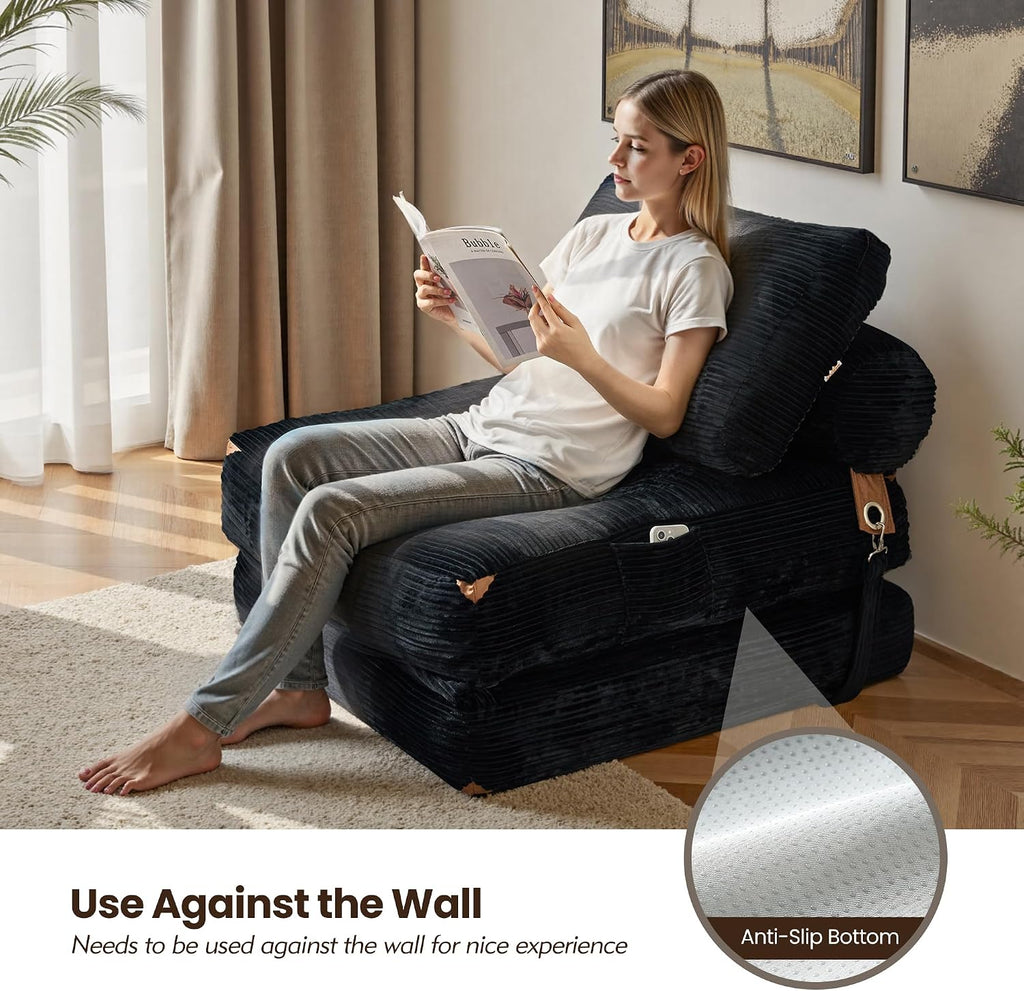 ovios Folding Sofa Bed, Foldable Sleeper Chair Floor Futon, Comfy Portable Convertible Fold Out Lounge Chairs for Living Room Bedroom, Black