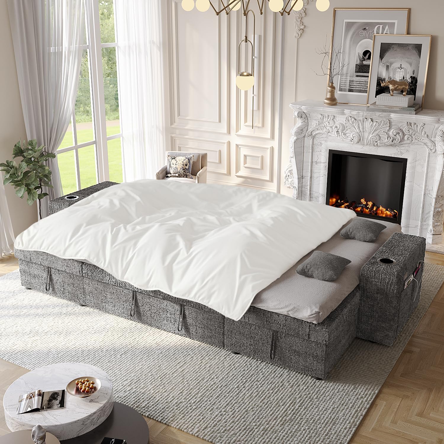 117' Sleeper Sofa Bed, U-Shaped Sofa with Dual Reversible Storage Chaise | Adjustable Backrest | Wide Armrest, Sectional Couches for Living Room, 4 in 1 Pull Out Couch Bed, Grey Chenille