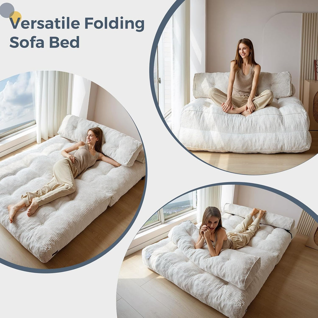 MAXYOYO Folding Sofa Bed, Convertible Sleeper Chair with Pilow Foldable Mattress with Back Support, Portable Fold Out Chair Bed Comfy Floor Sofa Lounge for Living Room Bedroom, Beige, Double