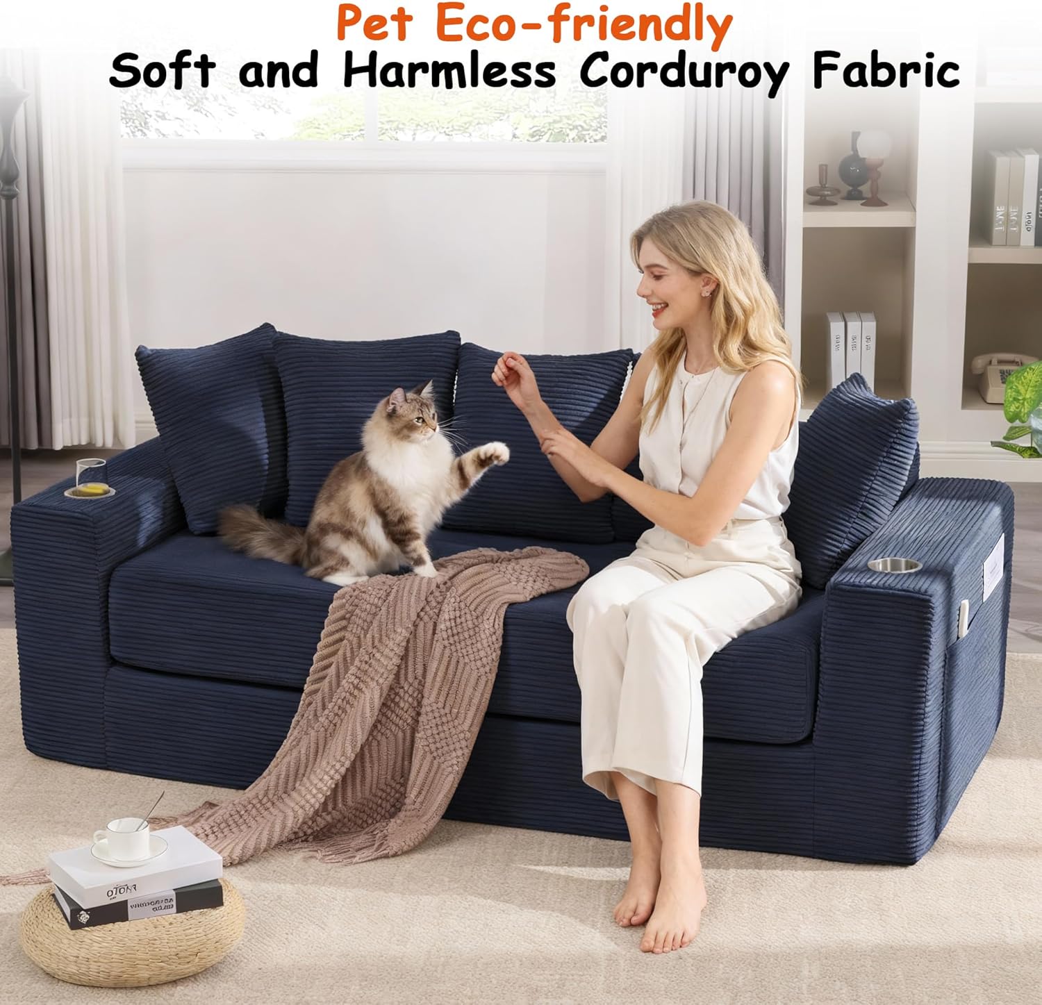 76' Convertible Sofa Bed, 2-in-1 Boneless Sleeper Sofa with Cup Holder & Pocket, Corduroy Pull Out Couch with 5 Pillows, Couch Bed for Living Room, Small Spaces, Bedroom, No Assembly