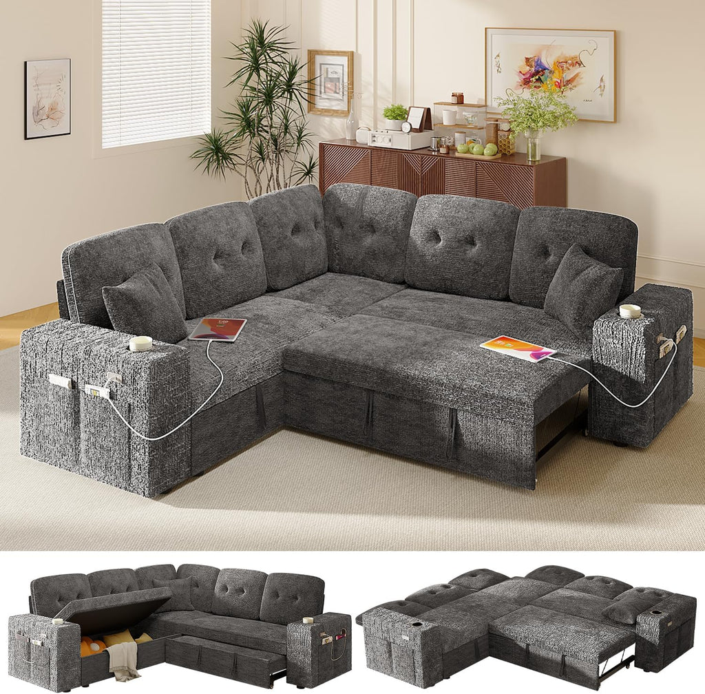 Modular Sectional Sleeper Sofa Bed, 4-in-1 Pull Out Couch Bed with Adjustable Backrest | Hidden Storage | Wide Armrest | Charging, 5-Seat Sectional Couches for Living Room, Grey Chenille