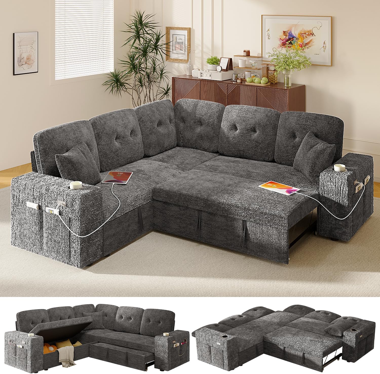 Modular Sectional Sleeper Sofa Bed, 4-in-1 Pull Out Couch Bed with Adjustable Backrest | Hidden Storage | Wide Armrest | Charging, 5-Seat Sectional Couches for Living Room, Grey Chenille