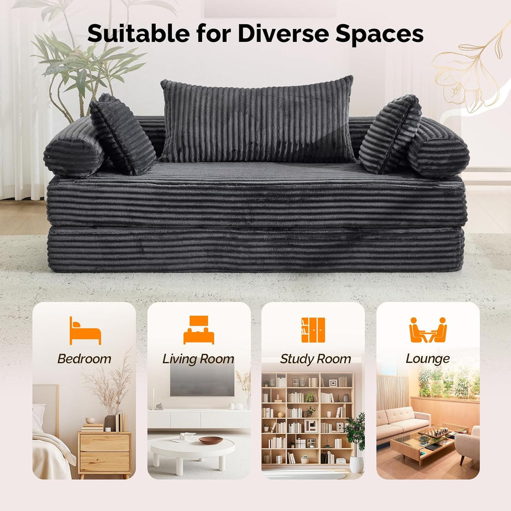 VINGLI Convertible Futon Sofa Bed, Upholstered Corduroy Boneless Couch King Size Floor Loveseat Sleeper Sofa with 2-in-1 Throw Pillow & Blanket Couches for Living Room, Bedroom, Lounge, Dark Gray