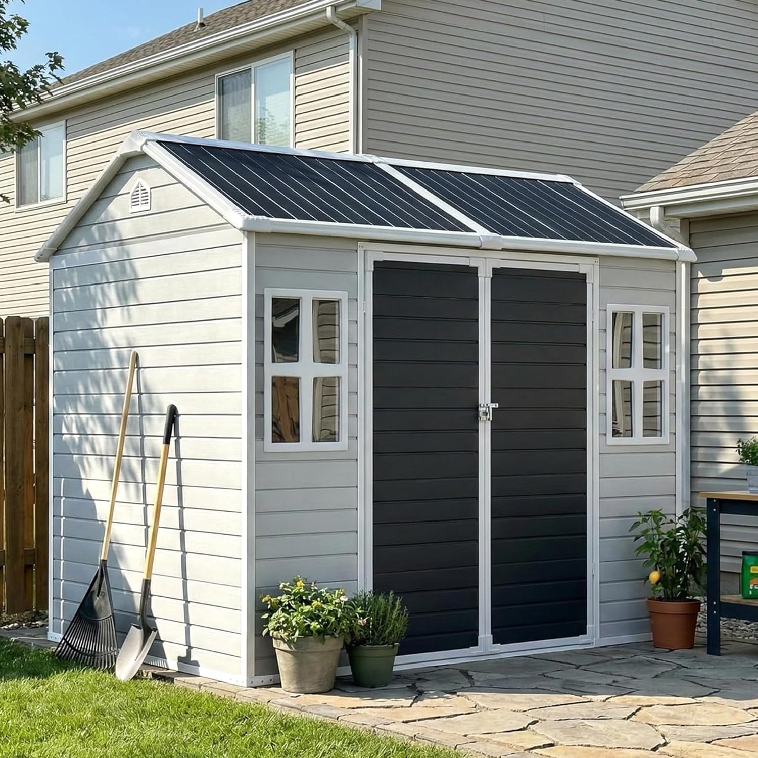 Restland 8x6 FT Resin Storage Shed with Floor Large Outdoor Shed Waterproof Plastic Garden Sheds for Patio, Backyard, Lawn