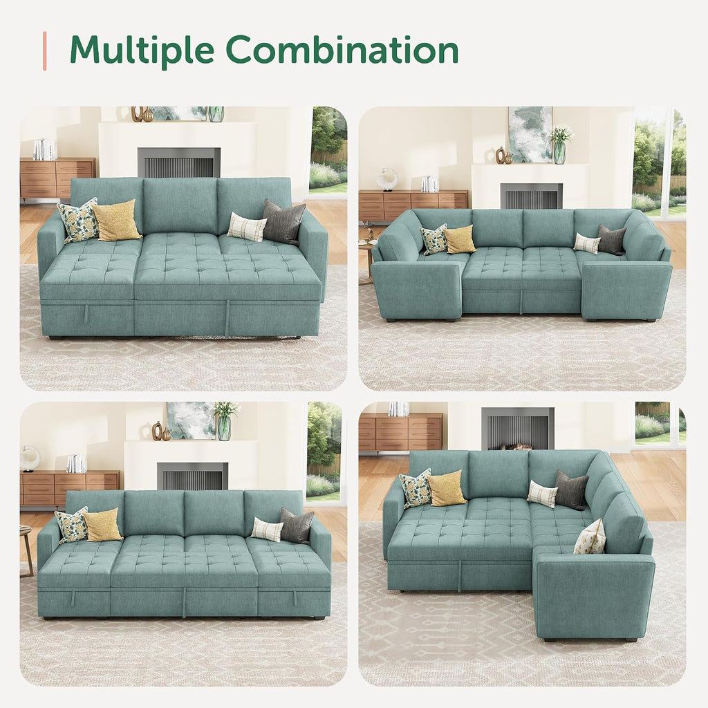 HONBAY Modular Sectional Sleeper Sofa with Pull Out Bed, Ottoman for Sectional Couch,Blue