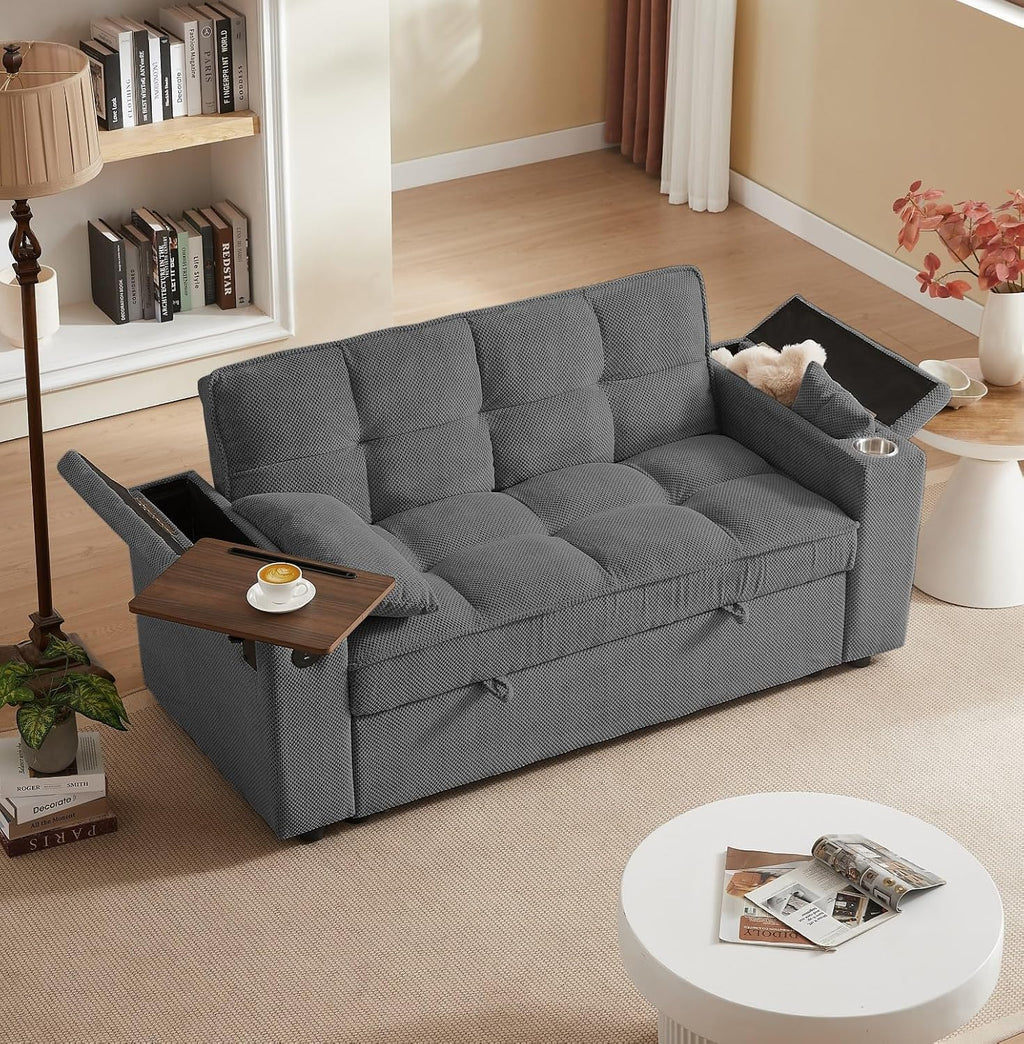 oaaktu ﻿ Large Size Convertible Sleeper Sofa Bed,Polka dot Velvet Pull Out Futon Couch with Storage handrails & Rotating Side Tables,Convertible Sofa Couch for Living Room,RV (Dark Grey)