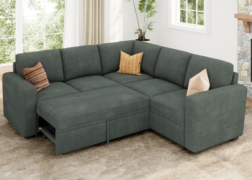 HONBAY Modular Sectional Sleeper Sofa with Pull Out Bed, Corduroy L Shaped Couch with Storage, Sectional Couches for Living Room, Green