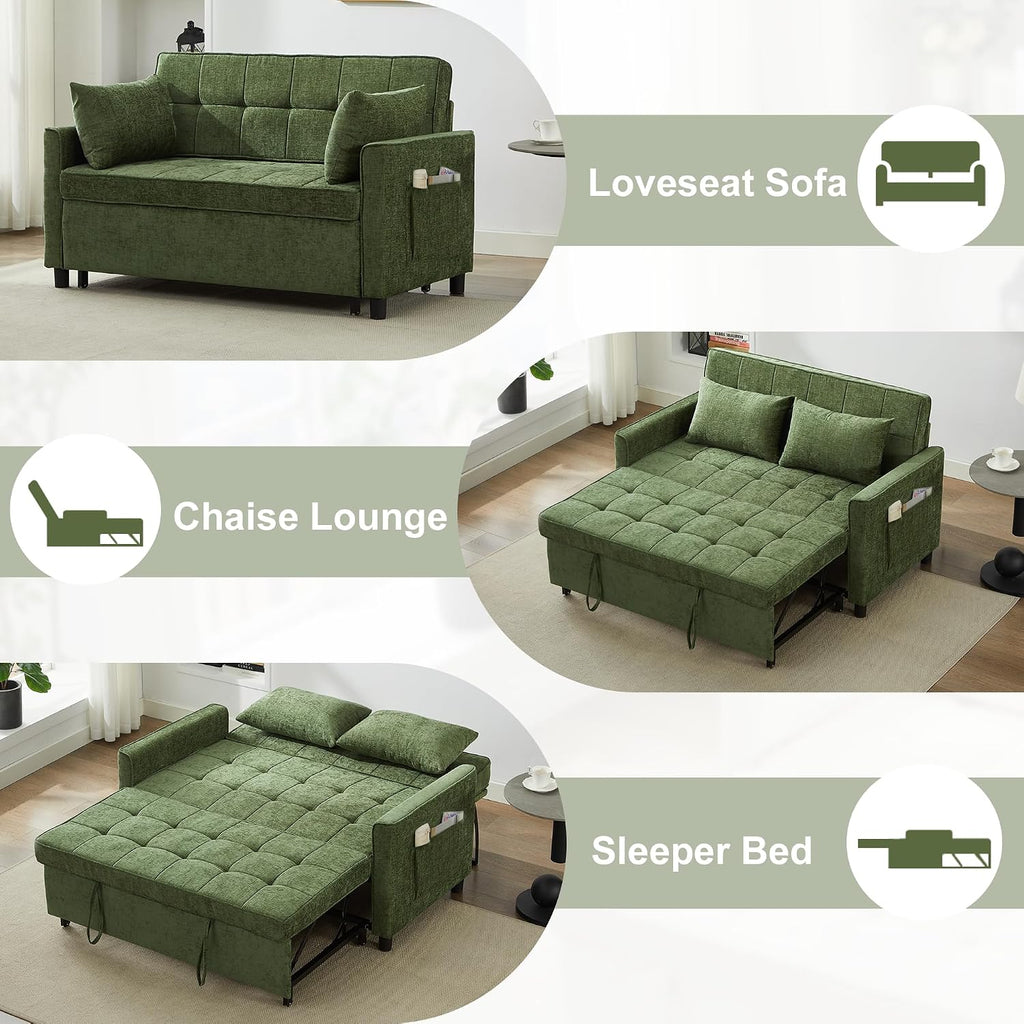 Tbfit 57' Loveseat Sleeper Convertible Sofa Bed, Futon Couch with Pullout Bed, USB & Adjustable Backrest, Chenille Queen Size Pull Out Couches for Living Room, Apartment, Office, Dorm, RV, Green