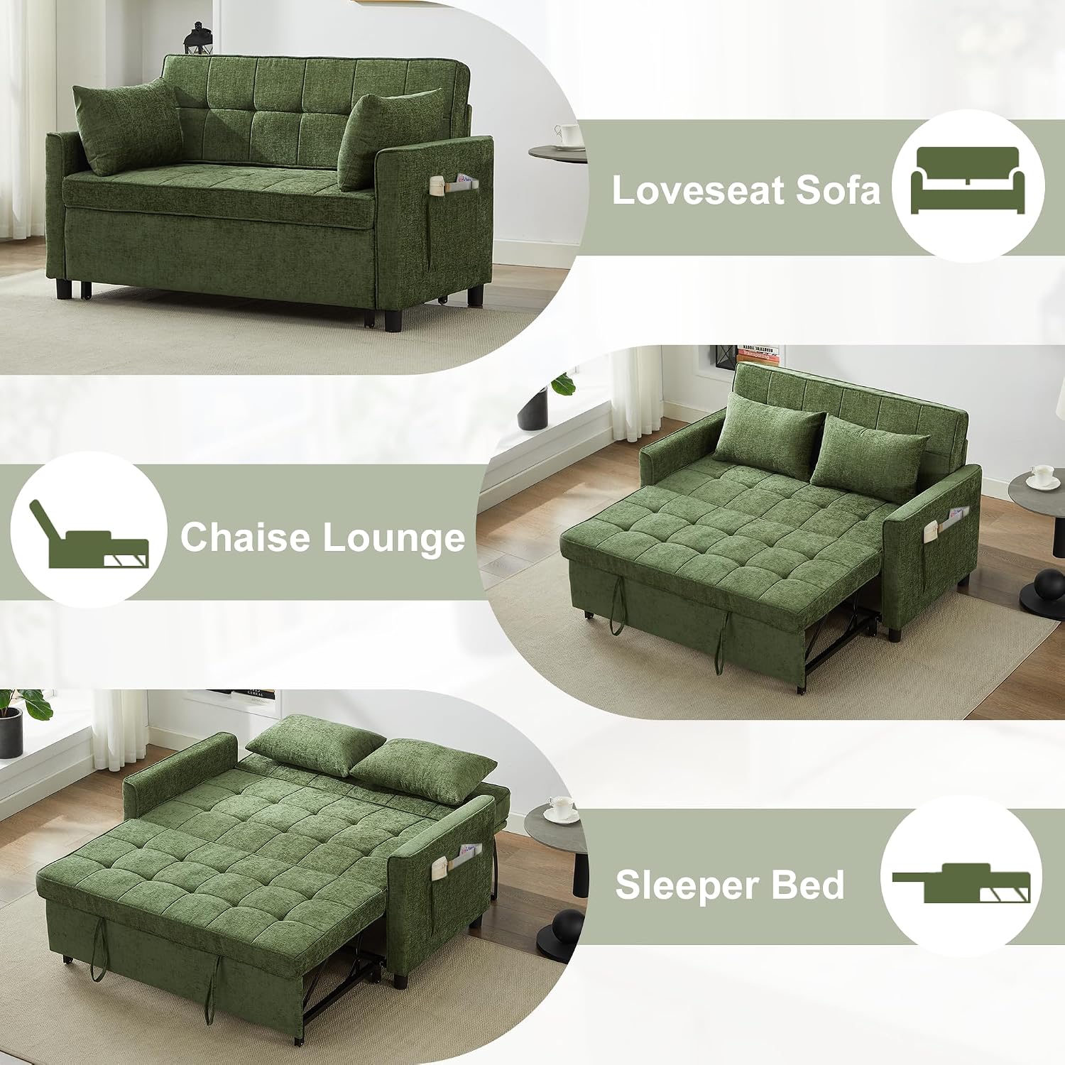 Tbfit 57' Loveseat Sleeper Convertible Sofa Bed, Futon Couch with Pullout Bed, USB & Adjustable Backrest, Chenille Queen Size Pull Out Couches for Living Room, Apartment, Office, Dorm, RV, Green