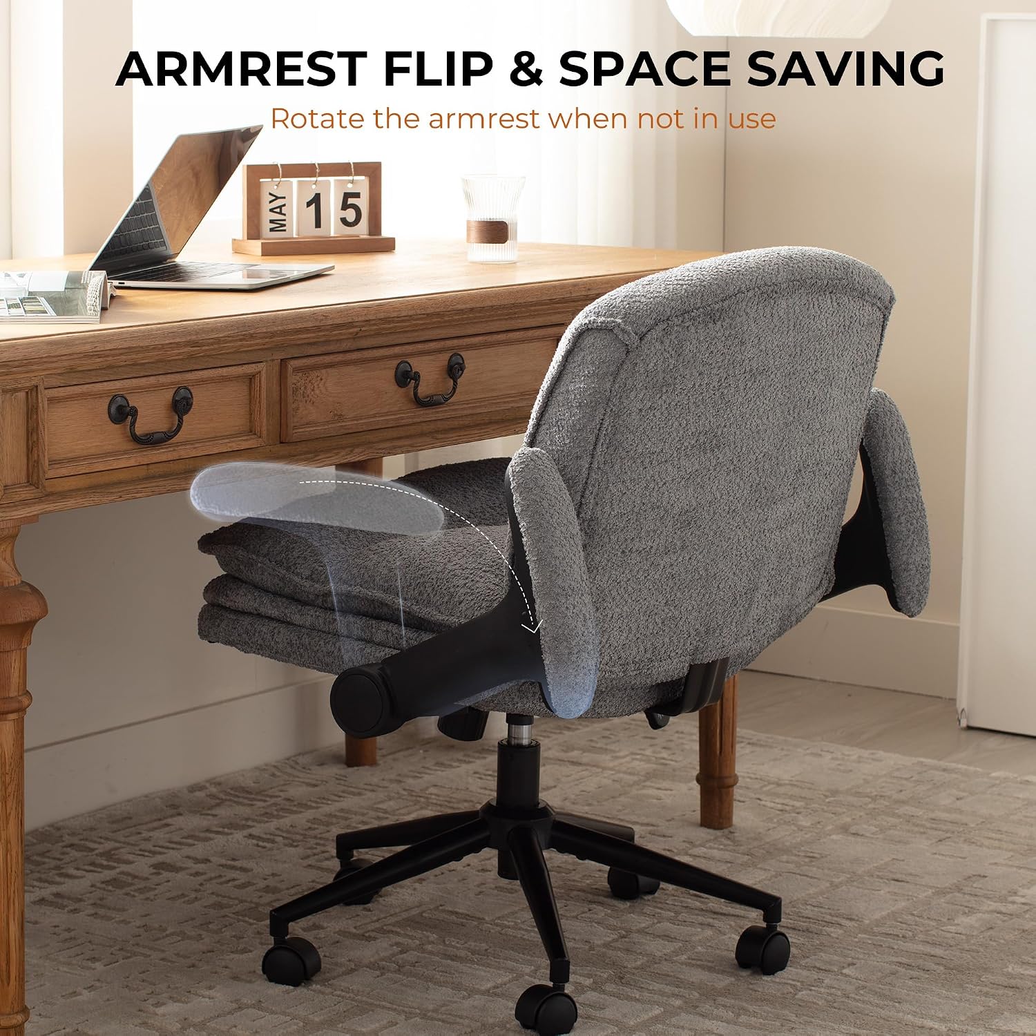 Dowinx Criss Cross Chair with Adjustable Flip-up Arms and Wheels, Comfort Ergonomic Office Desk Armchair with 3 Layer Cushions, Wide Seat Vanity Chair for Home Office, Living Room, Bedroom, Gray