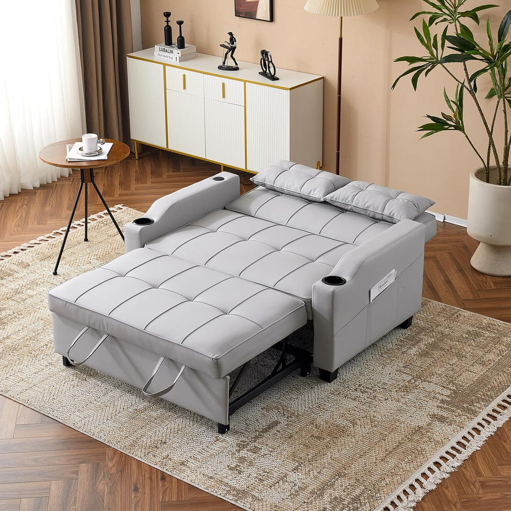 VINGLI Convertible Loveseat Sleeper Sofa, Light Grey Faux Leather Futon Sofa Bed Pullout Couch Bed with USB Ports, Cup Holders, Armrest for Living Room, Bedroom, Home Office Apartment