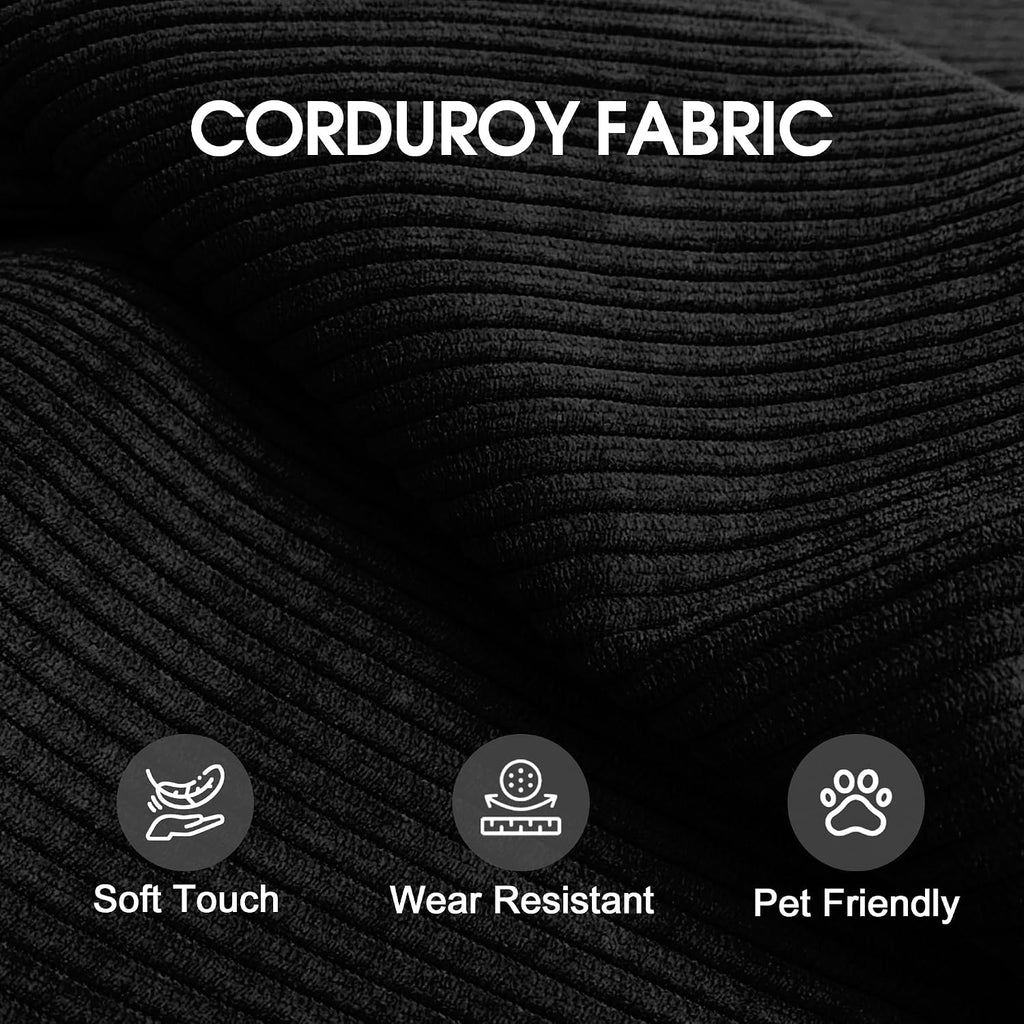 79' Convertible Sofa Bed, Corduroy Folding Pull Out Couch with Pillows, No Assembly Modern Boneless Couch Compression Sofa in Box, Floor Sofa with Support Rods for Living Room,Black