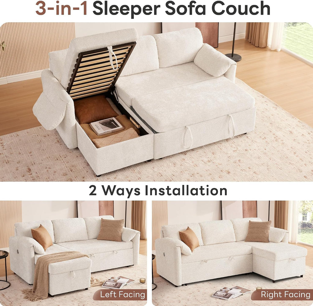 Tbfit 83'' Sleeper Sofa Bed with USB & Storage Chaise, Convertible Pull Out Sofa Bed, Couches for Living Room, Dorm, RV, Small Spaces, White Sherpa