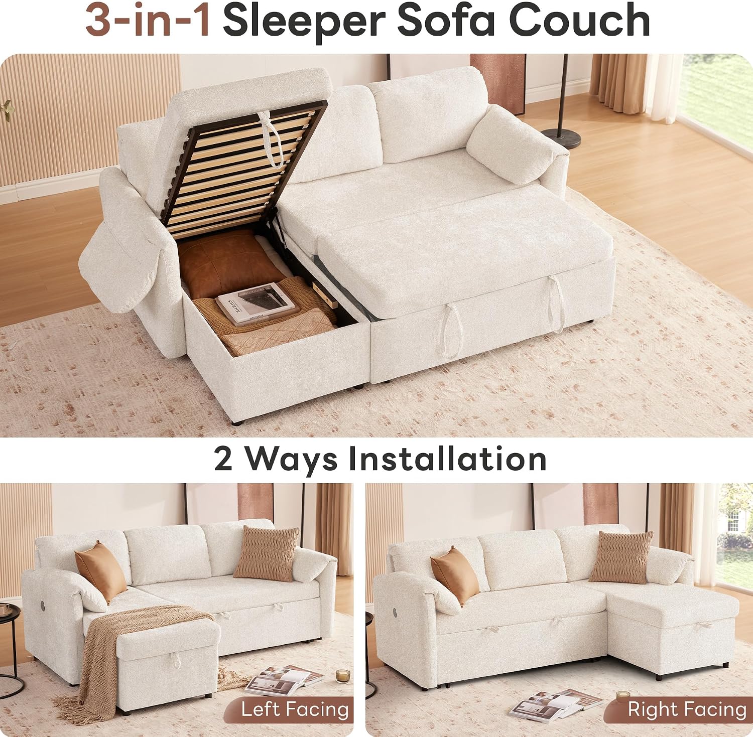 Tbfit 83'' Sleeper Sofa Bed with USB & Storage Chaise, Convertible Pull Out Sofa Bed, Couches for Living Room, Dorm, RV, Small Spaces, White Sherpa