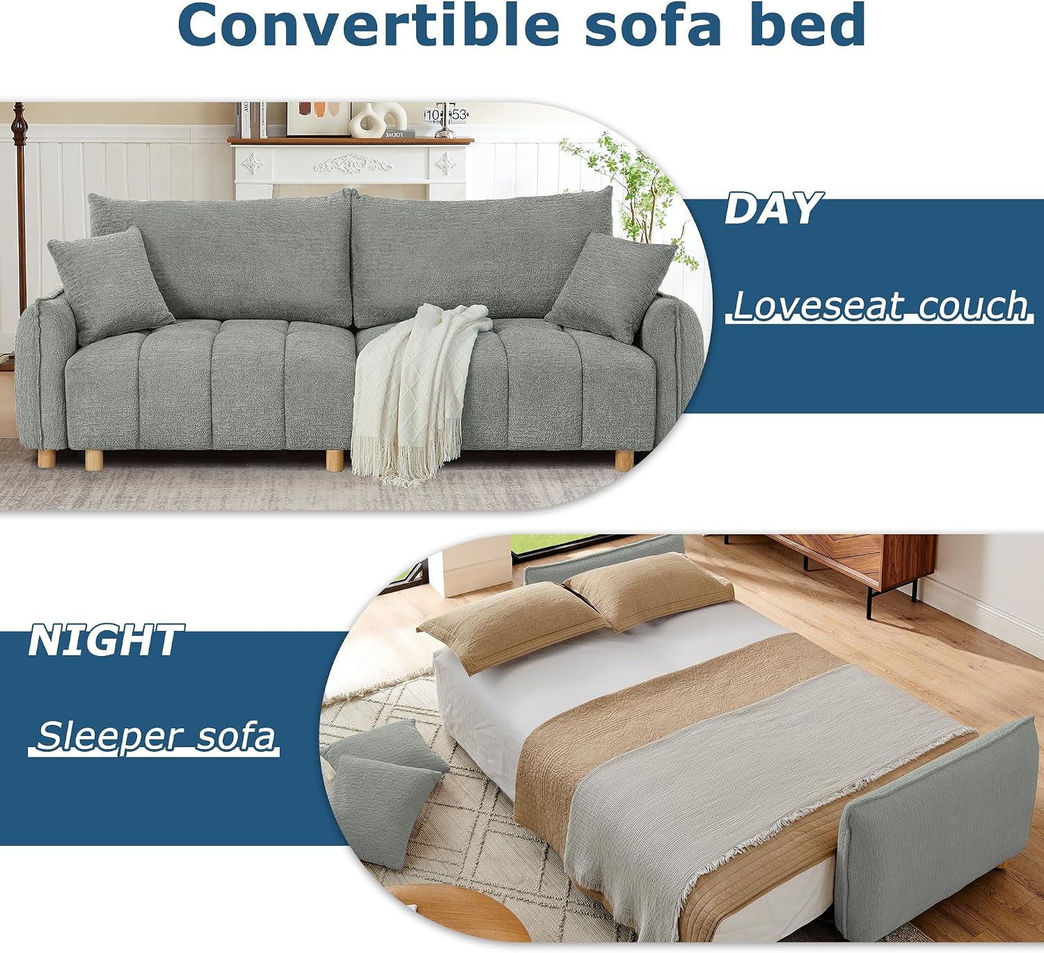 Mofolit Sleeper Sofa Bed Convertible Couch with Storage in Chenille Fabric Loveseat for Living Room Apartment and Small Spaces (Grey)