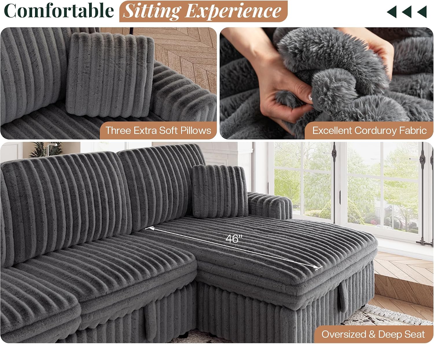 Jocisland 130' Sofa Bed, Sleeper Sofa, Pull Out Sleeper Couch with Storage, Convertible 6-Seater Sofa Bed for Living Room, Faux Fur Dark Grey