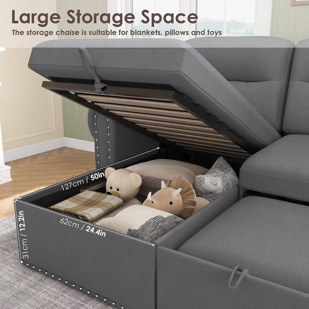 Sleeper Sofa Bed, 83'' Sectional Couch with Reversible Storage Chaise & Nailhead Armrest, Pull Out Couches for Living Room, Side Pocket & Charging Station, Removable Backrest, Velvet Fabric, Dark Grey