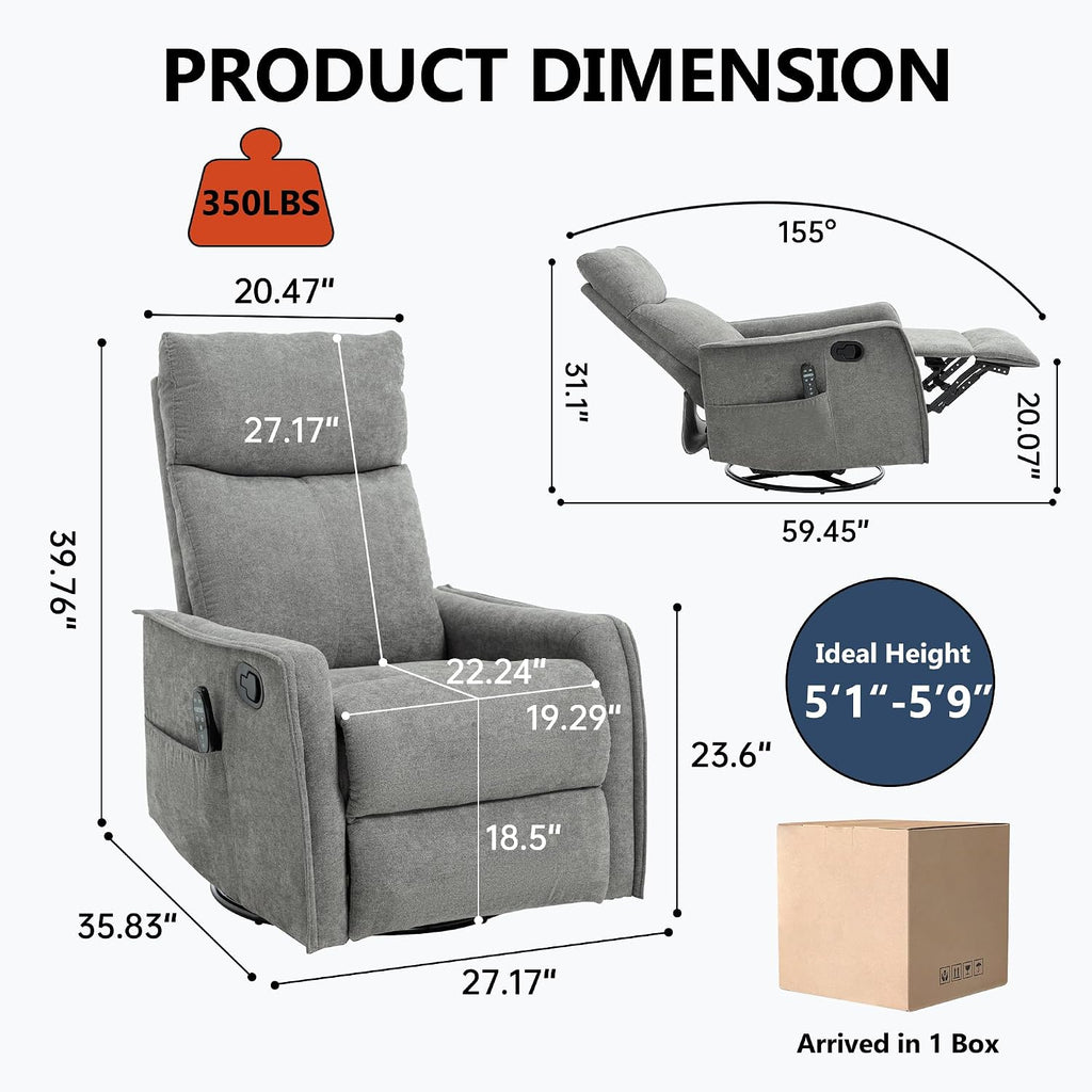 Massage Chair Recliner with Heat, 360° Swivel Glider Rocker with Reclining Backrest and Footrest, Manual Lazy Boy Recliners for Adults, Modern Nursery Rocking Chairs (Grey)