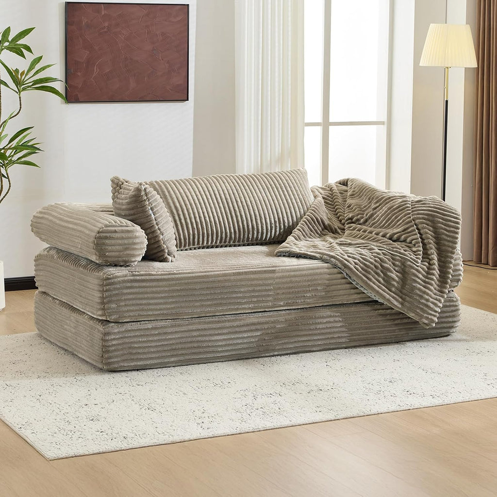 VINGLI Convertible Futon Sofa Bed, Upholstered Corduroy Boneless Couch King Size Floor Loveseat Sleeper Sofa with 2-in-1 Throw Pillow & Blanket Couches for Living Room, Bedroom, Lounge, Gray