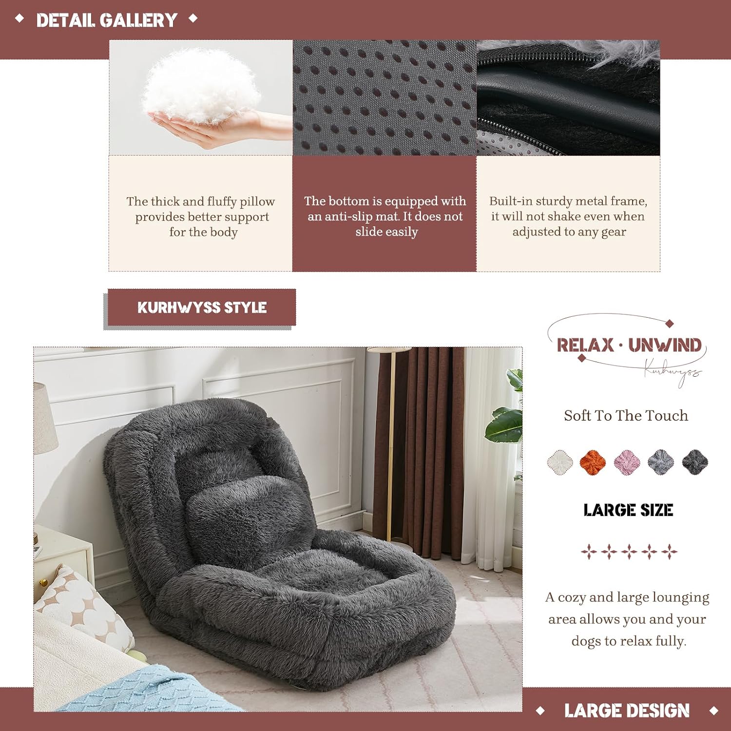 Upholstered Human Dog Bed for Adult & Pets, Convertible Lazy Sofa Bed with 5 Adjustable Position, Comfy Tatami Bean Bag Lounge Chair with a Soft Pillow for Bedroom Living Room (Dark Gray Fluffy)