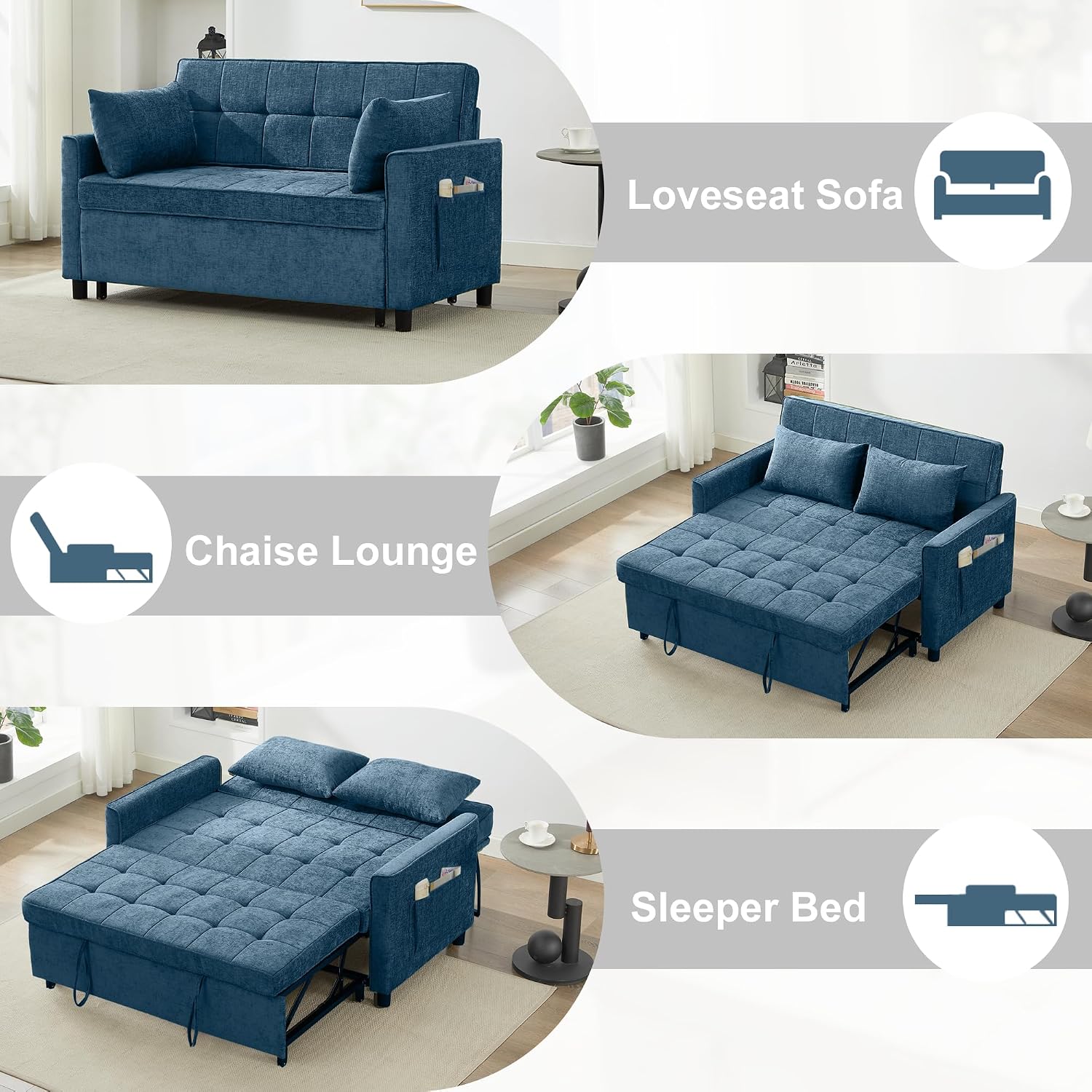 Tbfit 57' Love Seat Sleeper Bed, Convertible Pull Out Couch Bed, Chenille Loveseat Sofa Bed with USB & Adjustable Backrest, Full Size Pull Out Couches for Living Room, Apartment, Office, Dorm, Blue