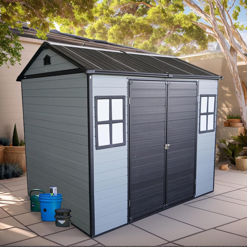8x6FT Resin Outdoor Storage Shed with 2 Windows, Outdoor Storage Shed with Floor Lockable Door for Garden Tools, Bicycles, Trash Cans, Gray+Black (8x6 FT Steel)