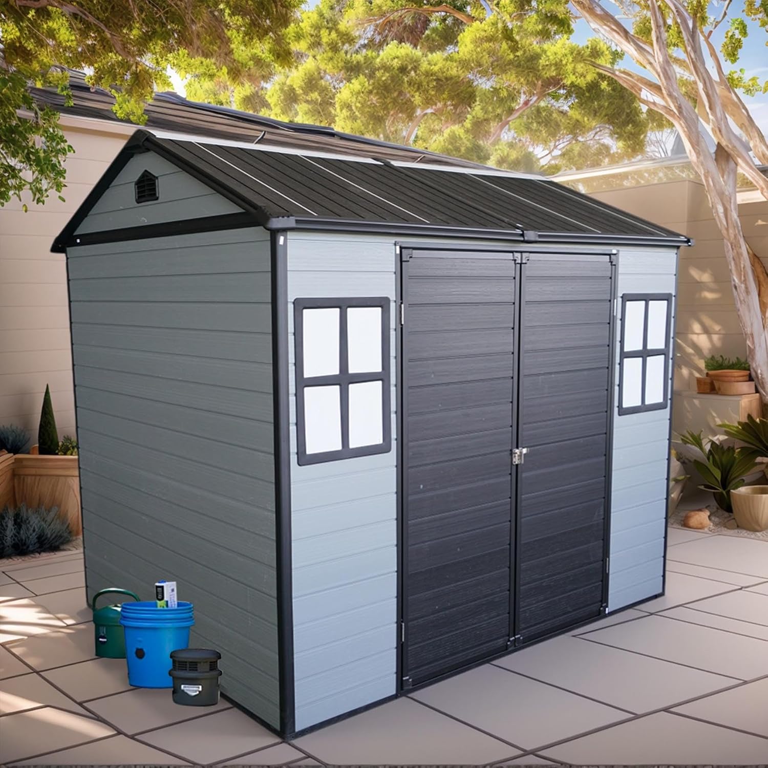 8x6FT Resin Outdoor Storage Shed with 2 Windows, Outdoor Storage Shed with Floor Lockable Door for Garden Tools, Bicycles, Trash Cans, Gray+Black (8x6 FT Steel)