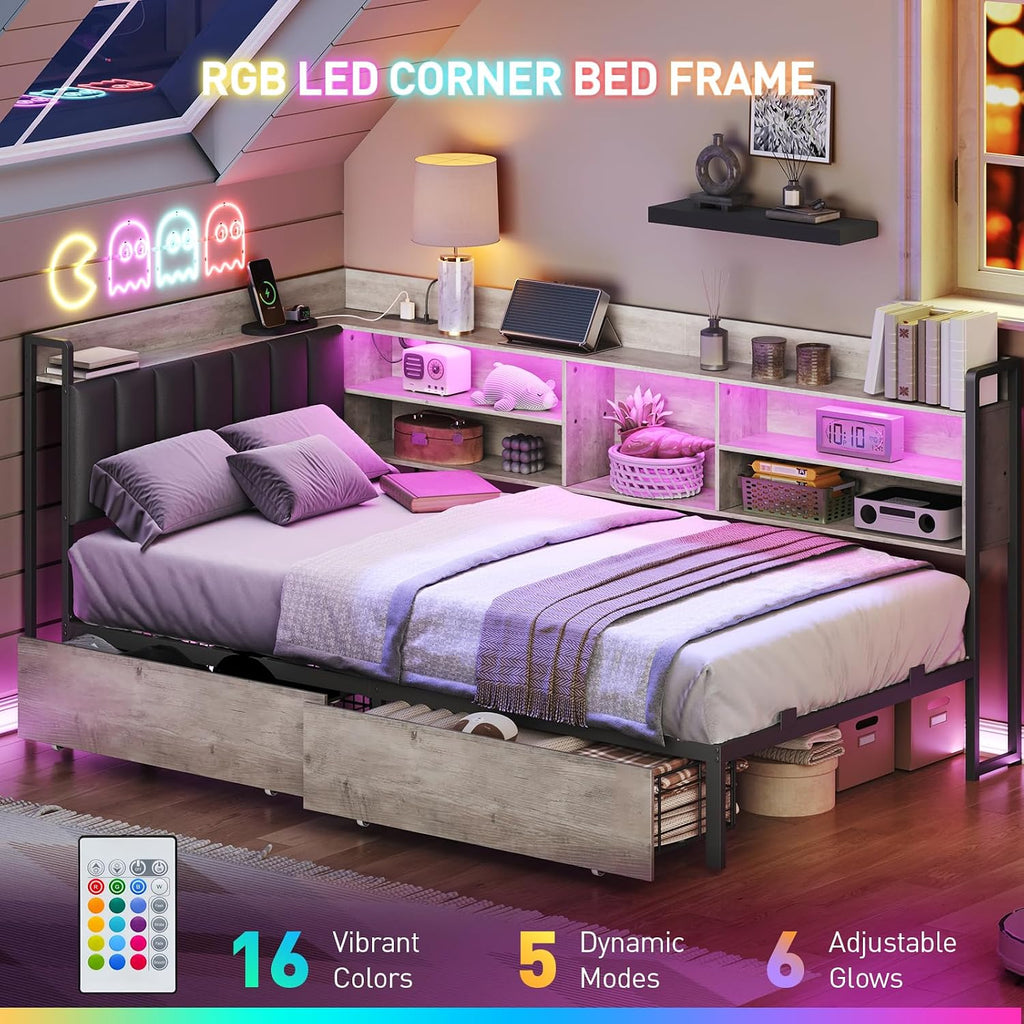 RALGEND Corner Bed Frame with Bookcase Storage and PU Upholstered, Twin Daybed with 2 Drawers and Charging Station, Metal Platform Bed Fram for Living Room, Bedroom, Guest Room, Gray and Black