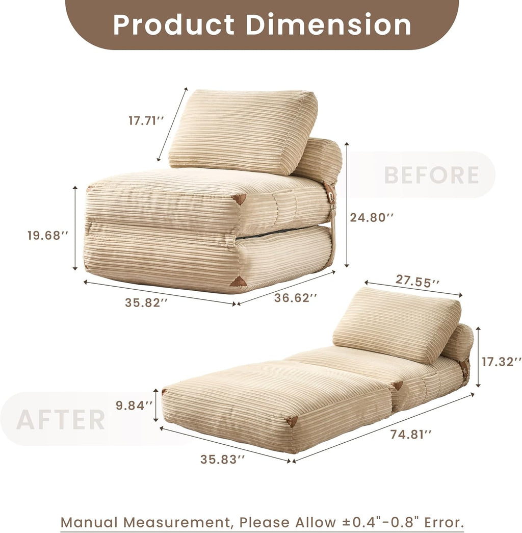 ovios Folding Sofa Bed, Foldable Sleeper Chair Floor Futon, Comfy Portable Convertible Fold Out Lounge Chairs for Living Room Bedroom, Beige