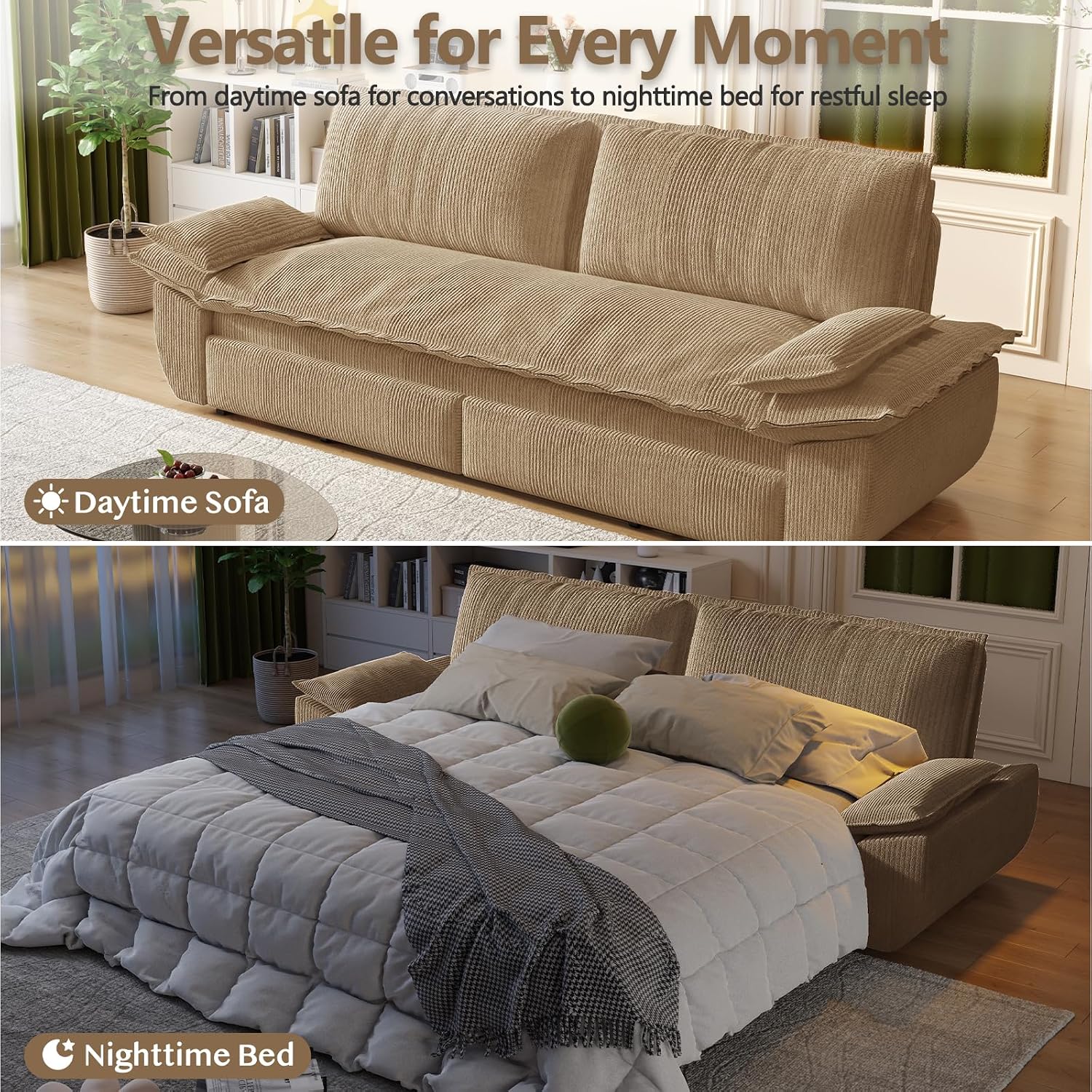 73.2' Sofa Bed Queen Size, Pull Out Couch Bed, 3-in-1 Convertible Sleeper Sofa with Cushion Armrest, Modern Corduroy Futon Couch for Living Room, Small Space, Apartment, Bedroom, Camel